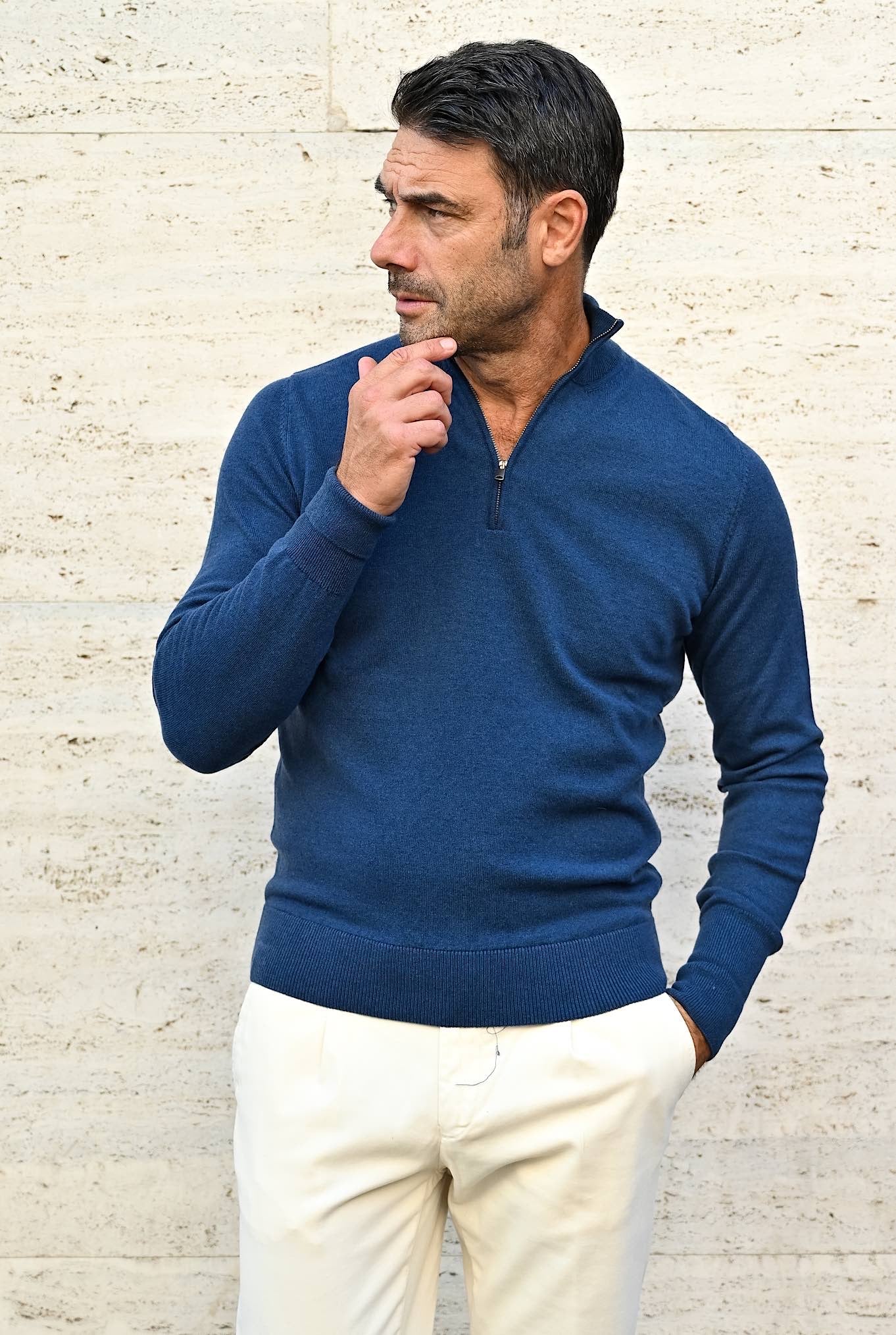 Pullover Cashmere Loro Piana Mezza Zip Bluette - Guarino Store