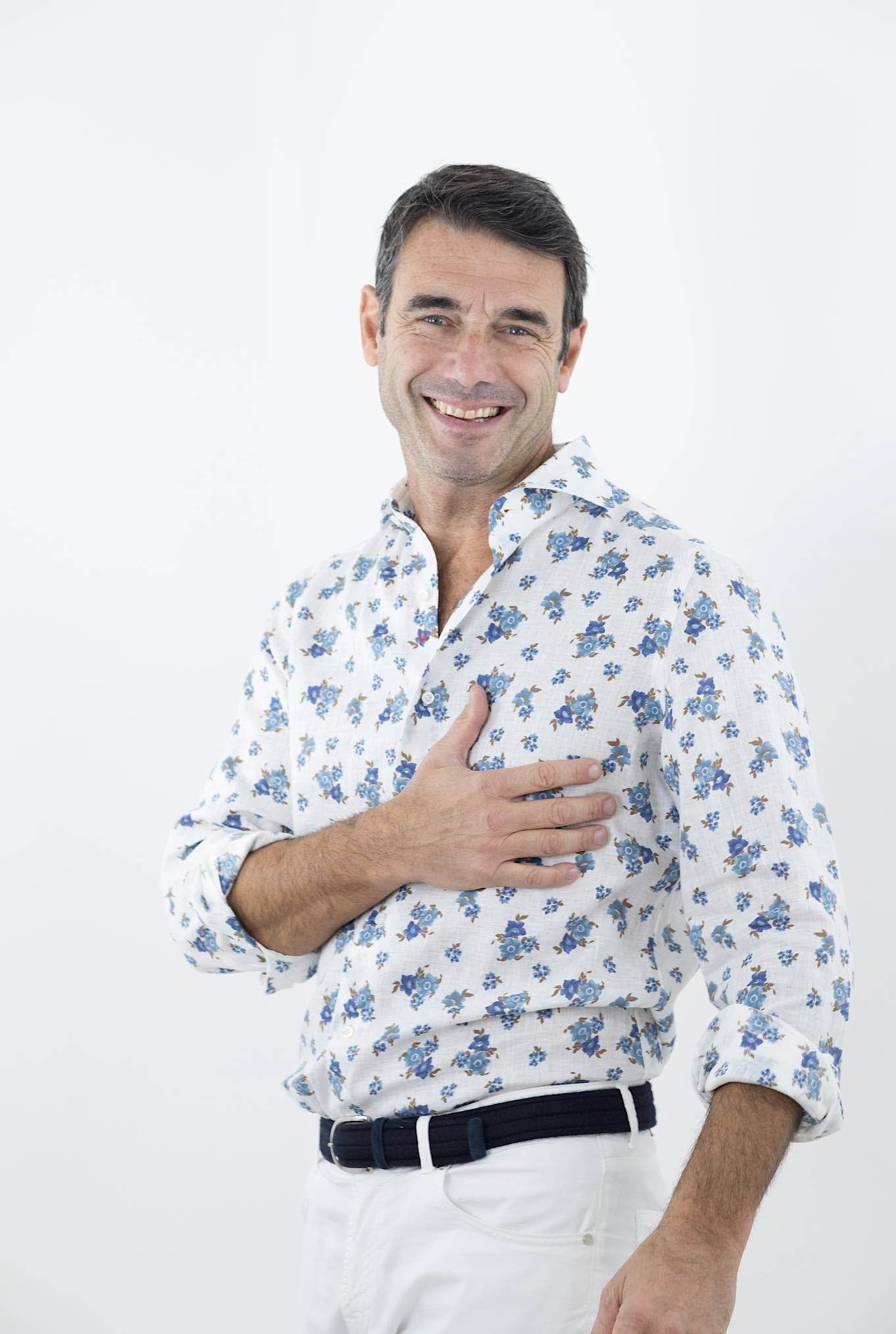 ISAIA Camicia Fantasia Lino Bianca/Blu/Marrone - Guarino Store