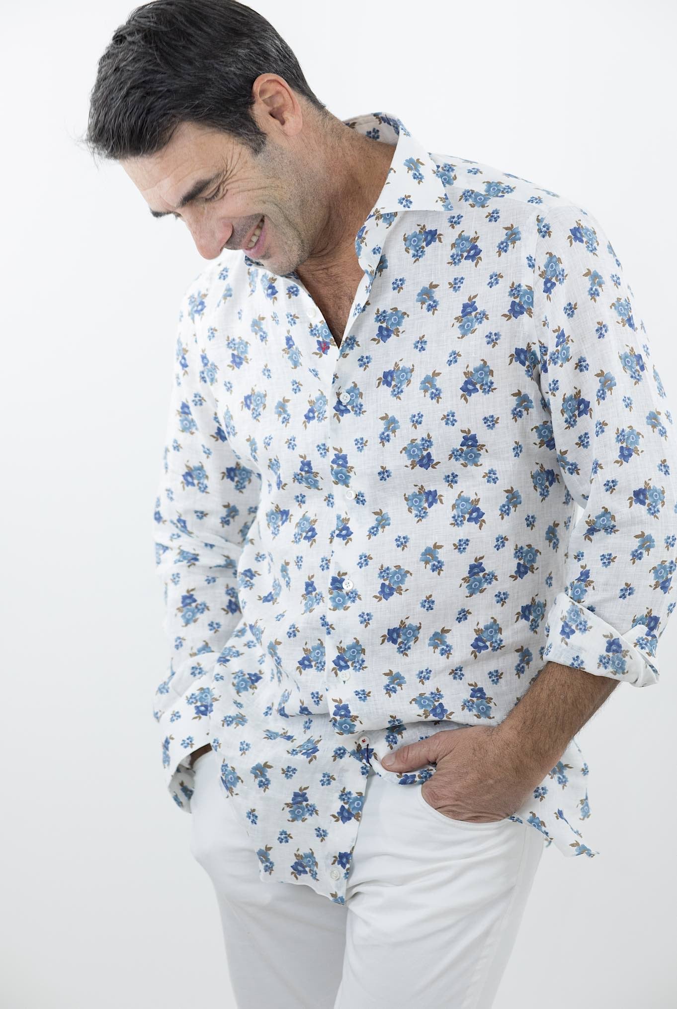 ISAIA Camicia Fantasia Lino Bianca/Blu/Marrone - Guarino Store