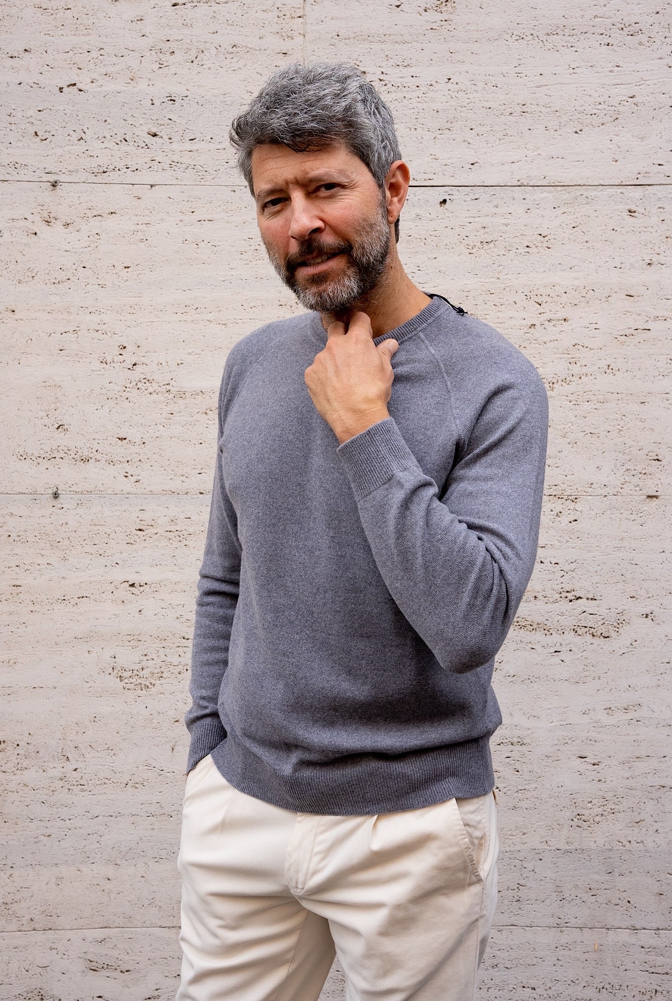 Girocollo Cashmere Raglan Grigio Perla - Guarino Store