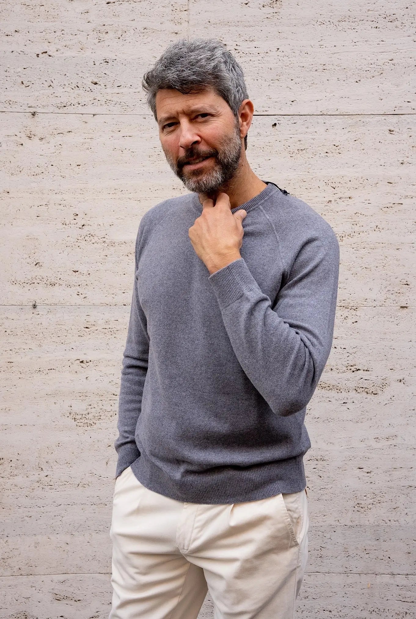 Girocollo Cashmere Raglan Grigio Perla - Guarino Store