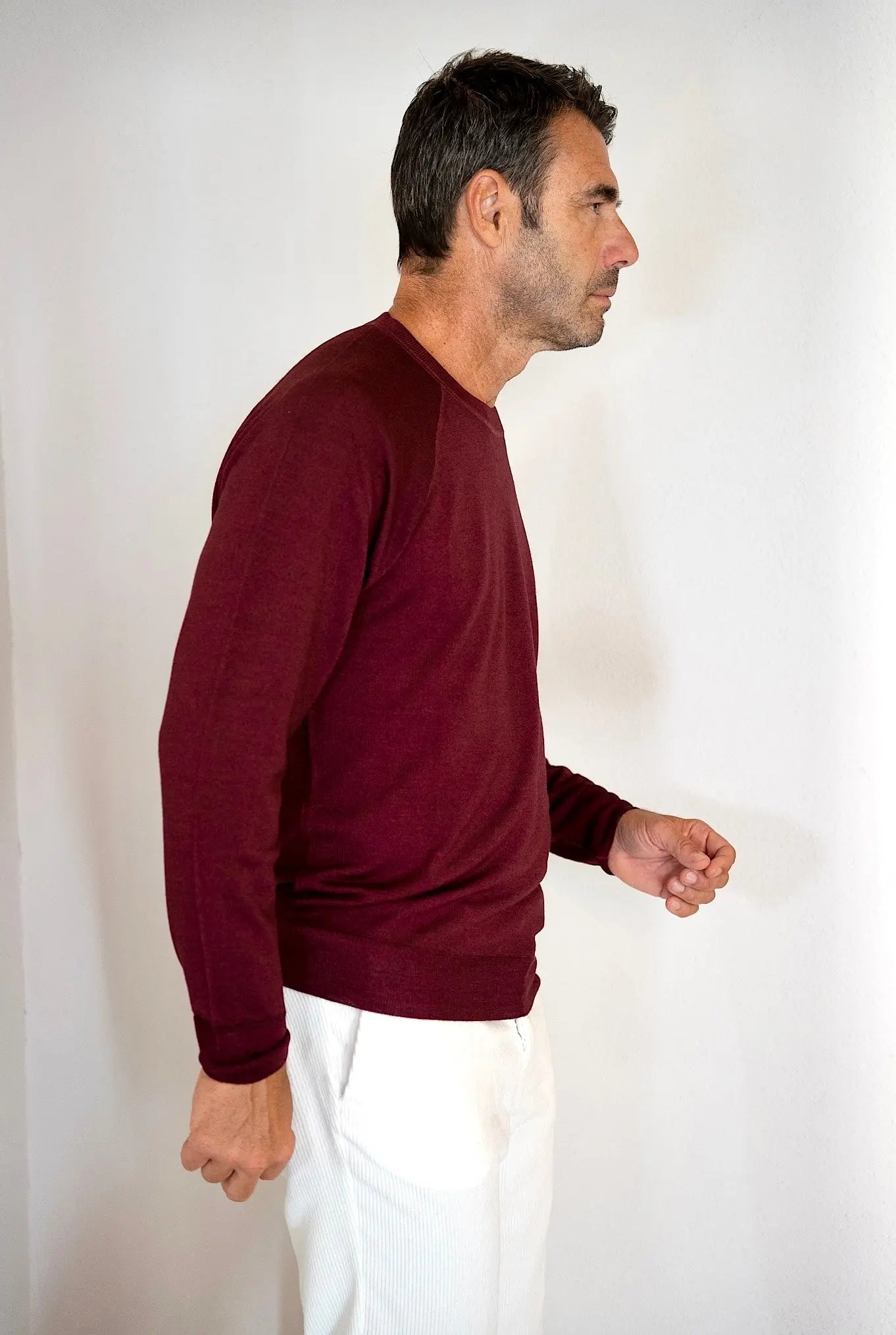 Girocollo Maniche Raglan Lana Merinos Bordeaux Washed - Guarino Store