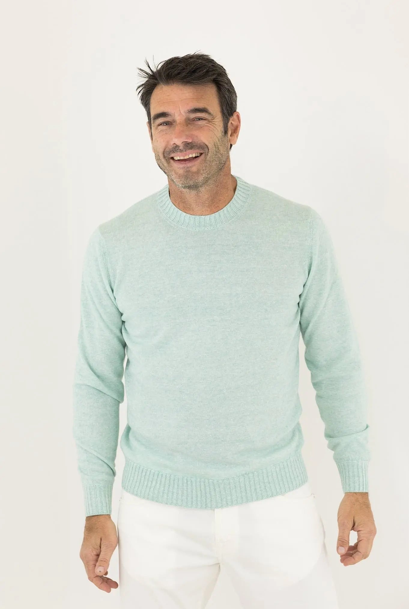 FIORONI Girocollo Cashmere e Lino Verde Acqua Mélange - Guarino Store