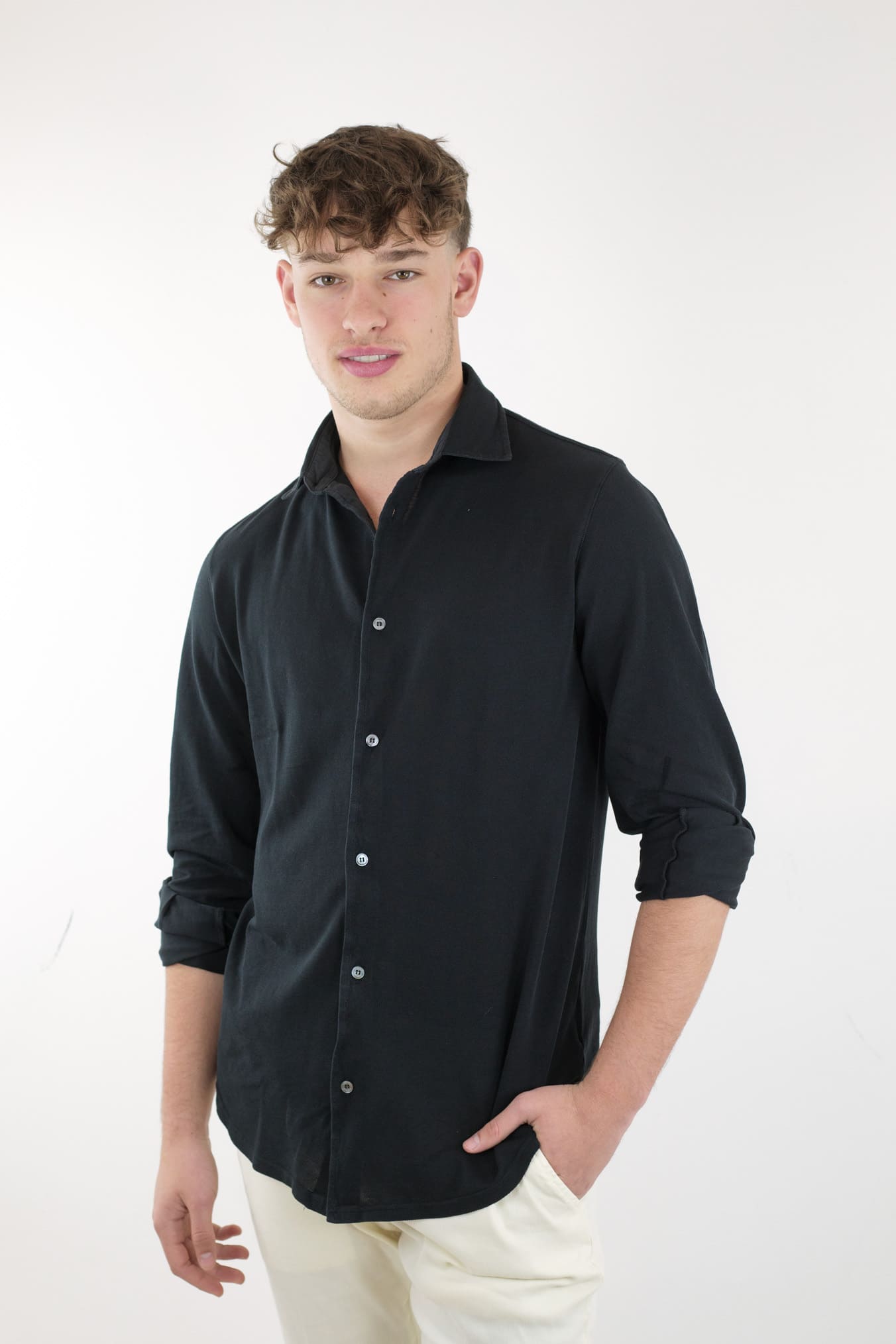 FEDELI Camicia Cotone Piquet Frosted Nero - Guarino Store