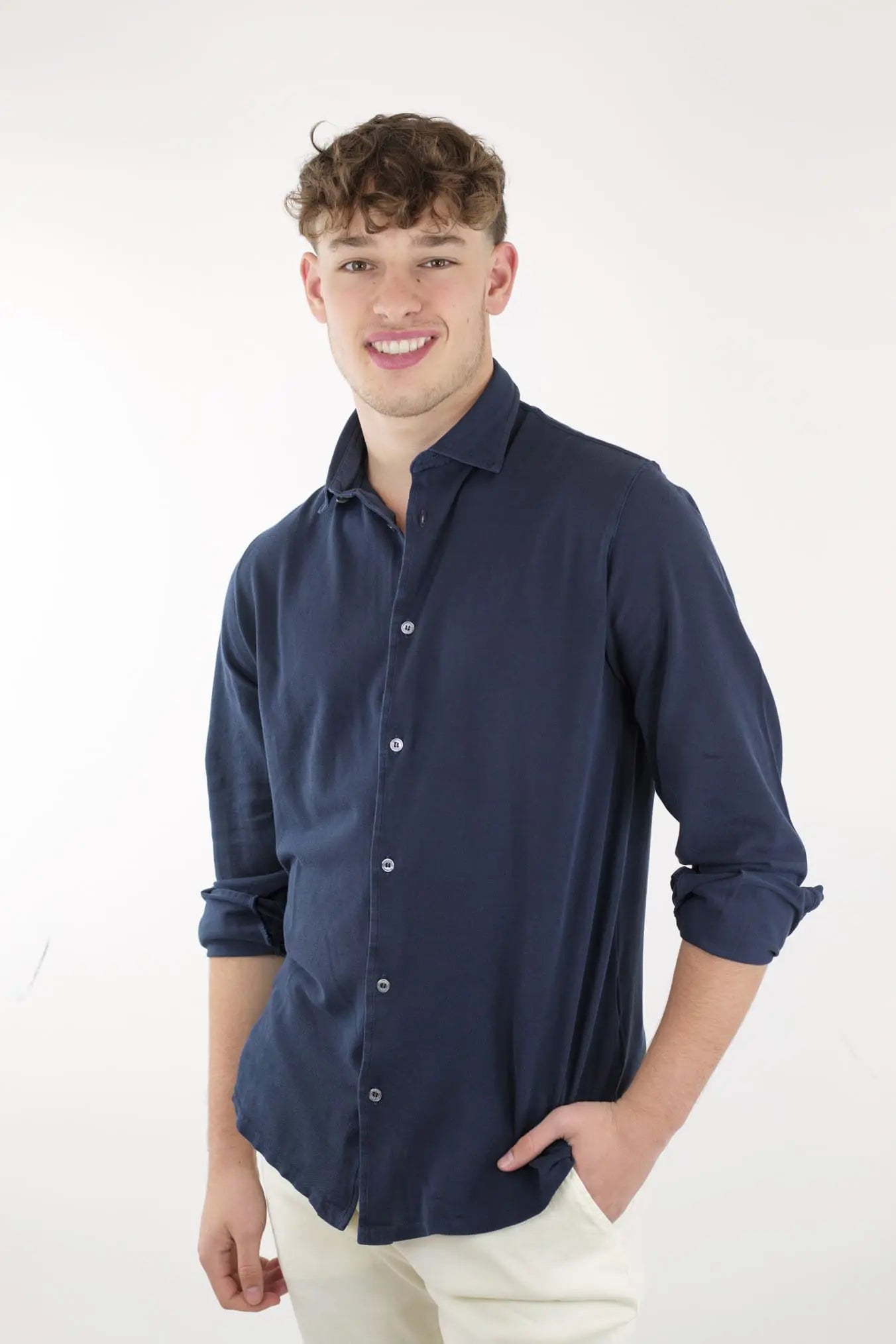 FEDELI Camicia Cotone Piquet Frosted Blu Navy - Guarino Store