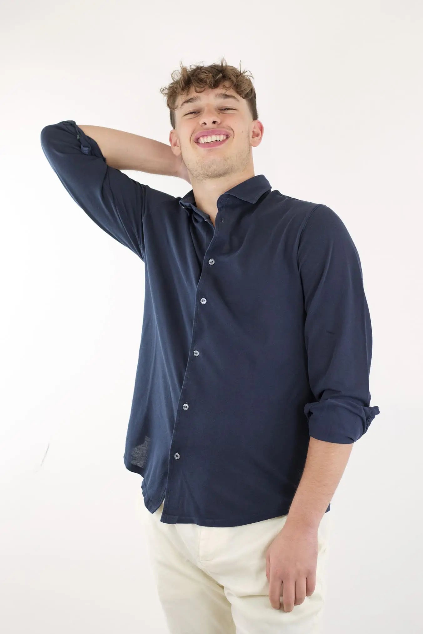 FEDELI Camicia Cotone Piquet Frosted Blu Navy - Guarino Store