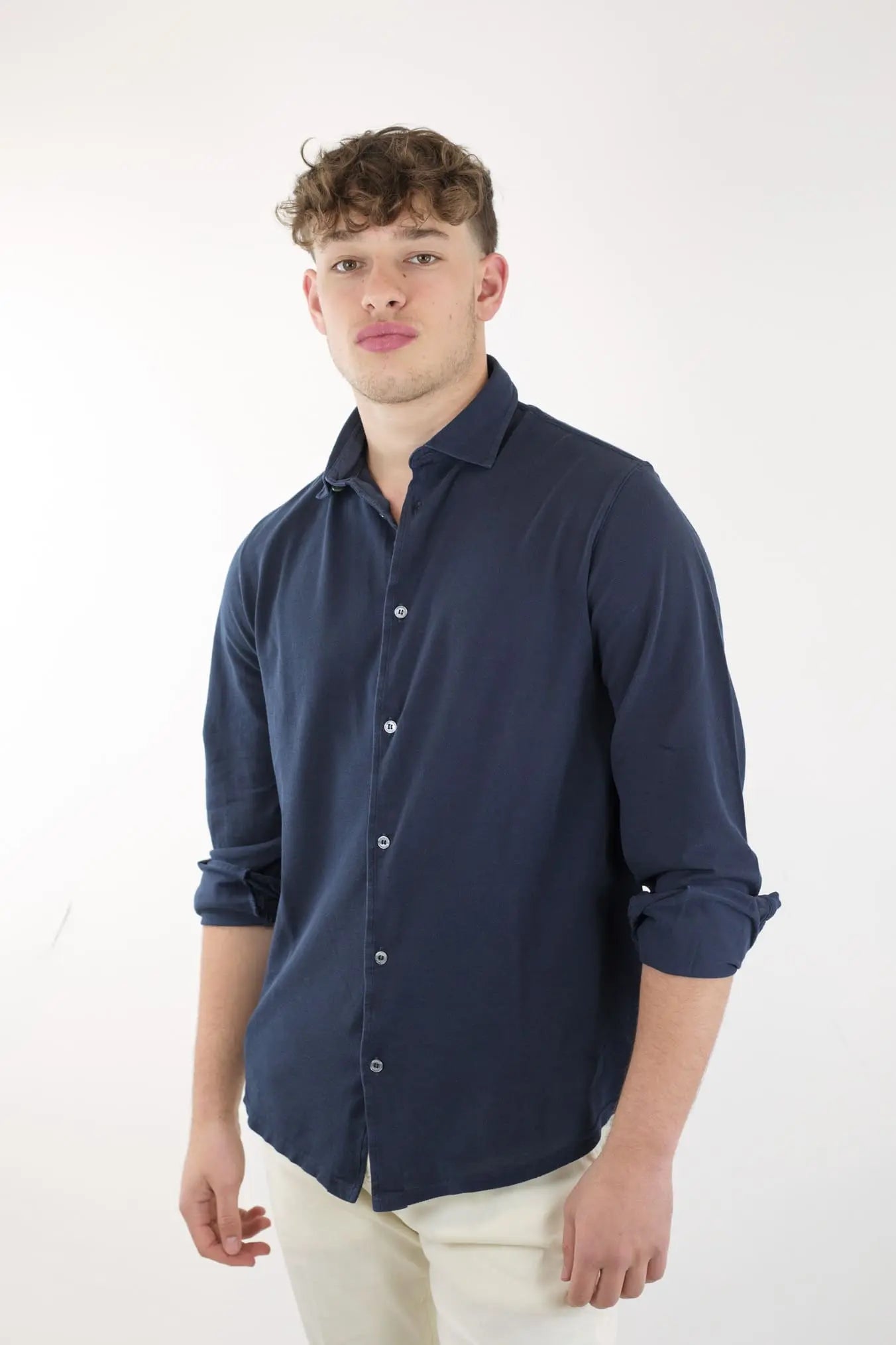 FEDELI Camicia Cotone Piquet Frosted Blu Navy - Guarino Store