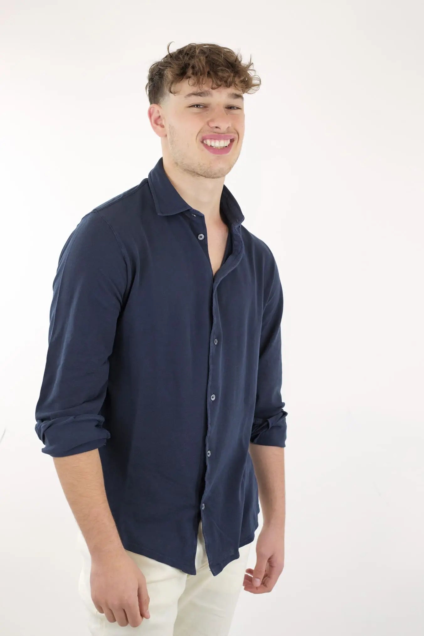 FEDELI Camicia Cotone Piquet Frosted Blu Navy - Guarino Store