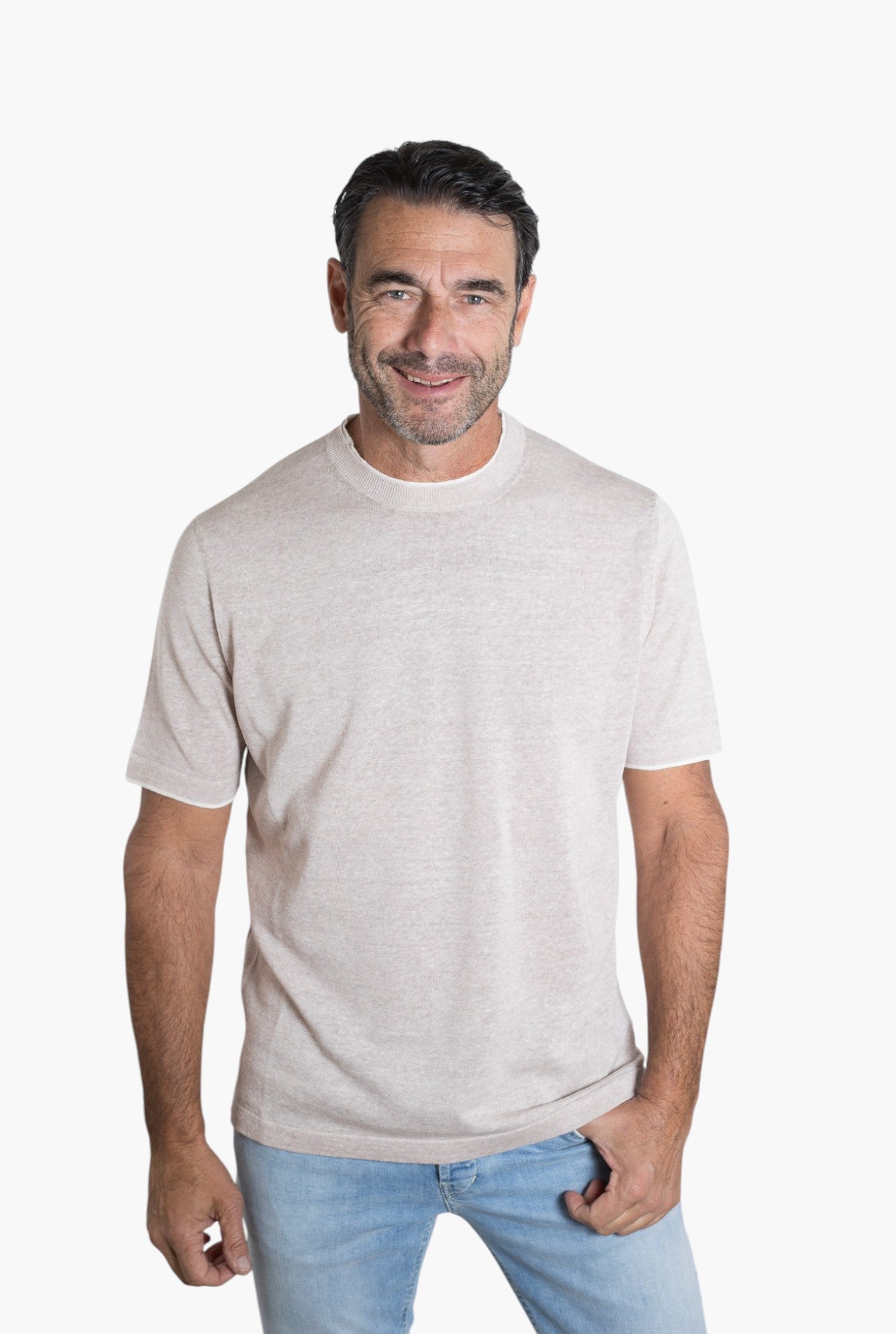 FIORONI Girocollo Doppio Collo Lino Cotone Beige Chiaro