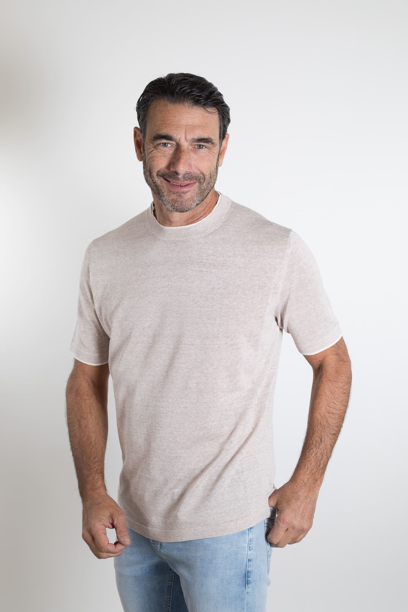 FIORONI Girocollo Doppio Collo Lino Cotone Beige Chiaro