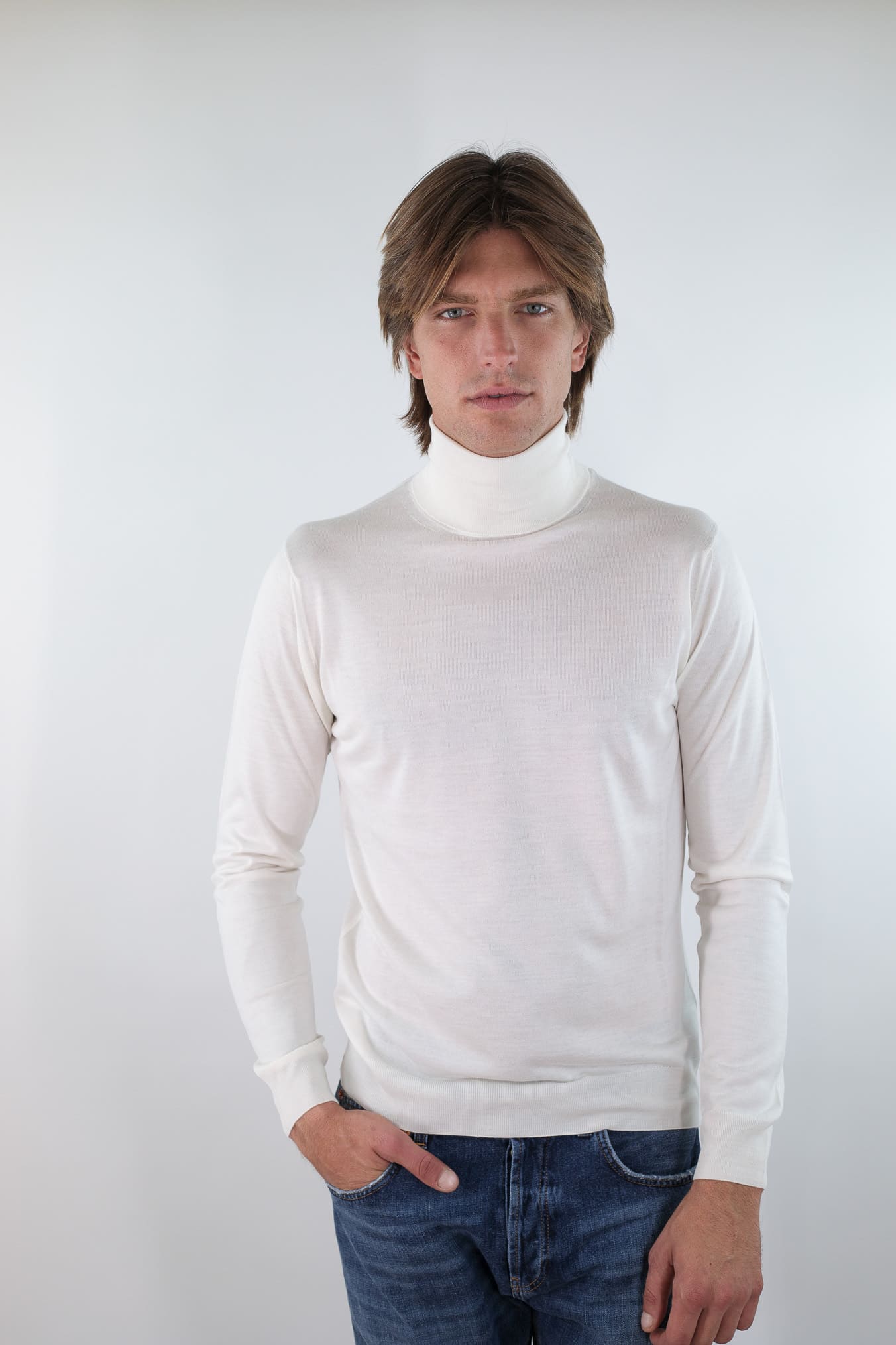 Cashmere and Silk Combed Turtleneck Cream White