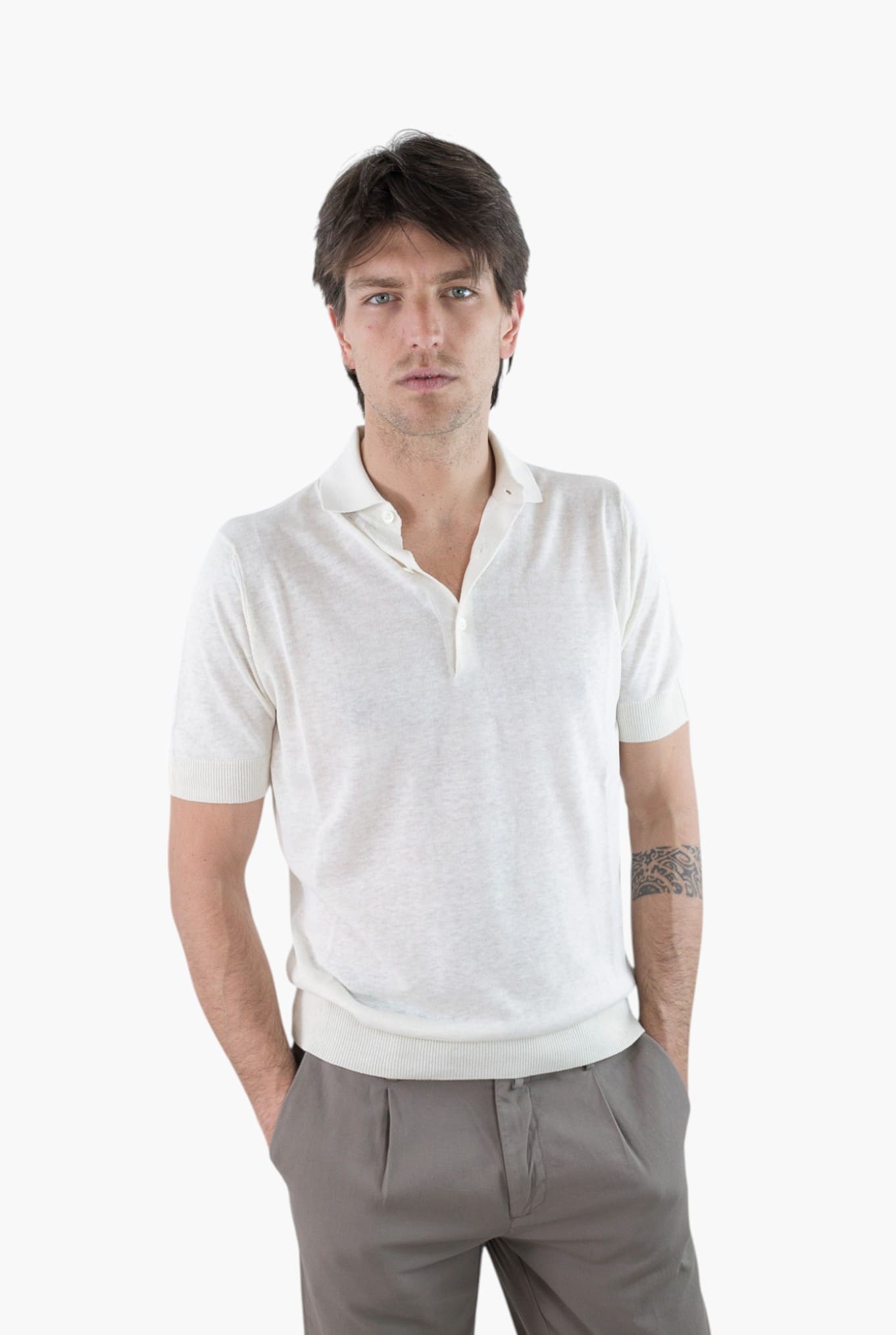 Polo Maniche Corte Seta Lino Avorio - Guarino Store