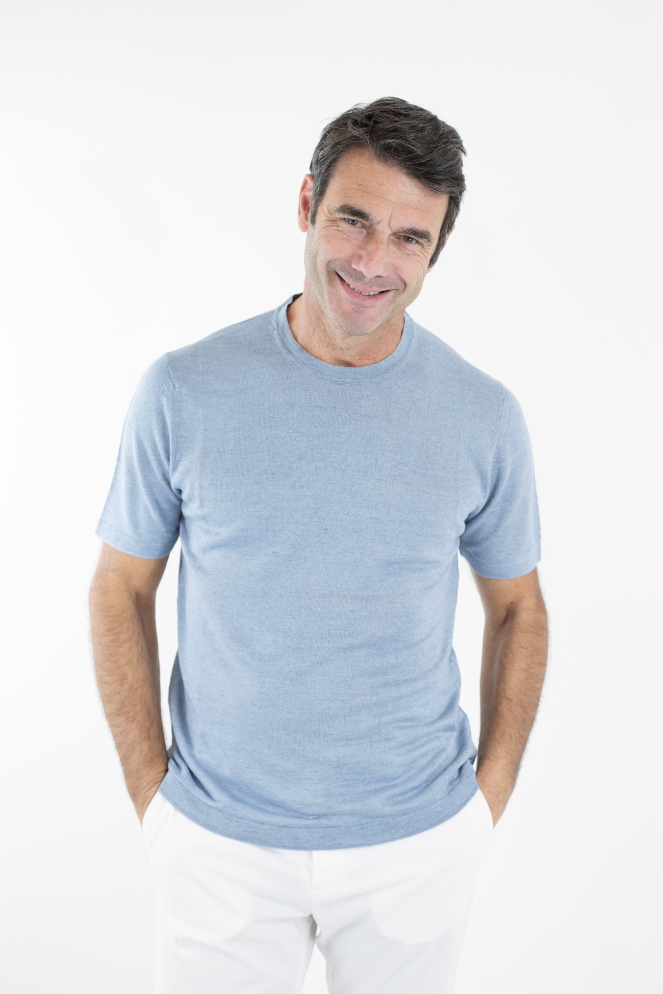 GUARINO Girocollo Mezze Maniche Lino Celeste - Guarino Store