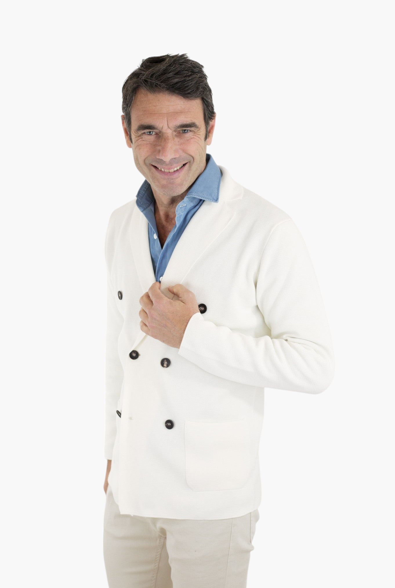 GUARINO Giacca Maglia Doppiopetto in Jersey Cotone Bianca