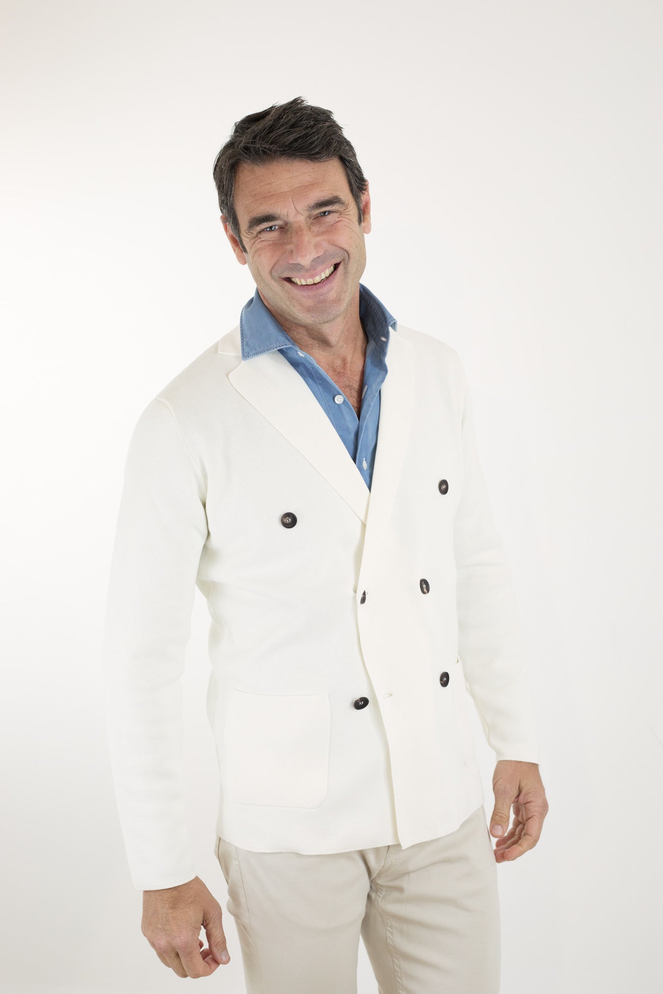 GUARINO Giacca Maglia Doppiopetto in Jersey Cotone Bianca - Guarino Store