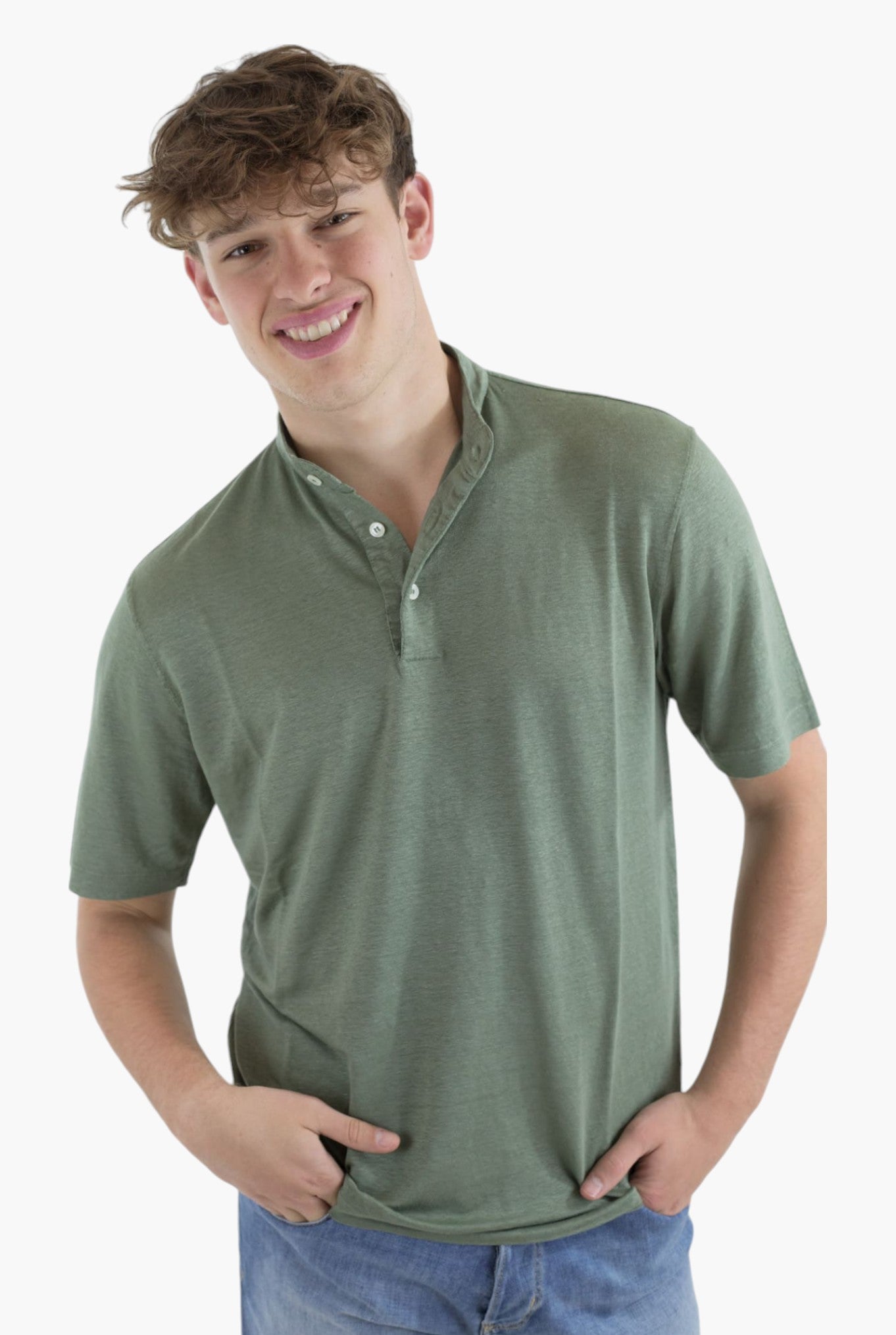 GUARINO Polo Coreana MC Jersey Lino Verde - Guarino Store