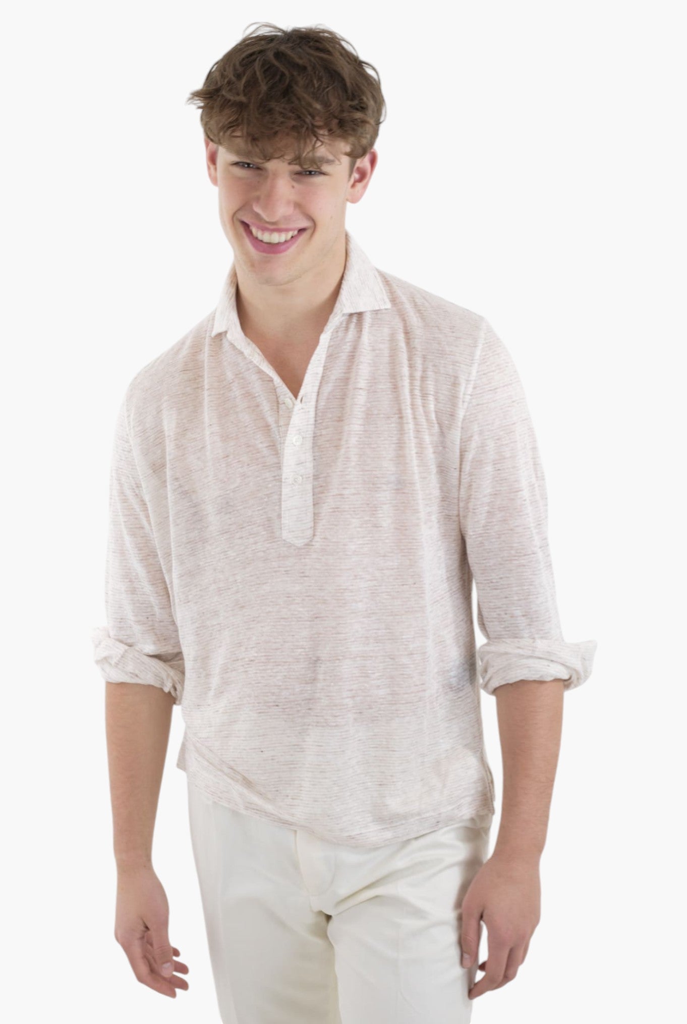 FEDELI Polo ML Jersey Lino Righe Orizzontali Beige Mélange - Guarino Store