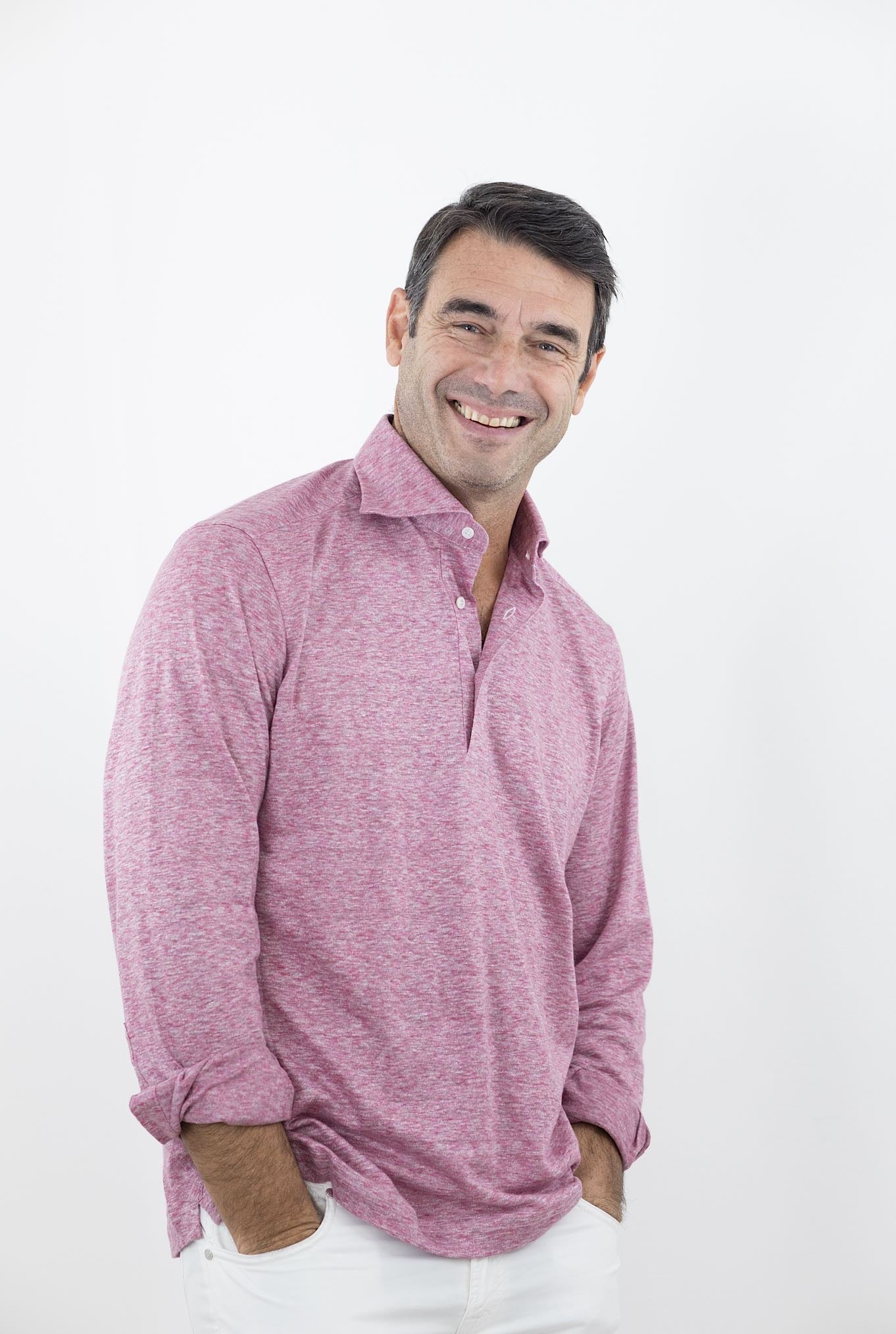 FRAY Polo in Lino Maniche Lunghe Corallo - Guarino Store