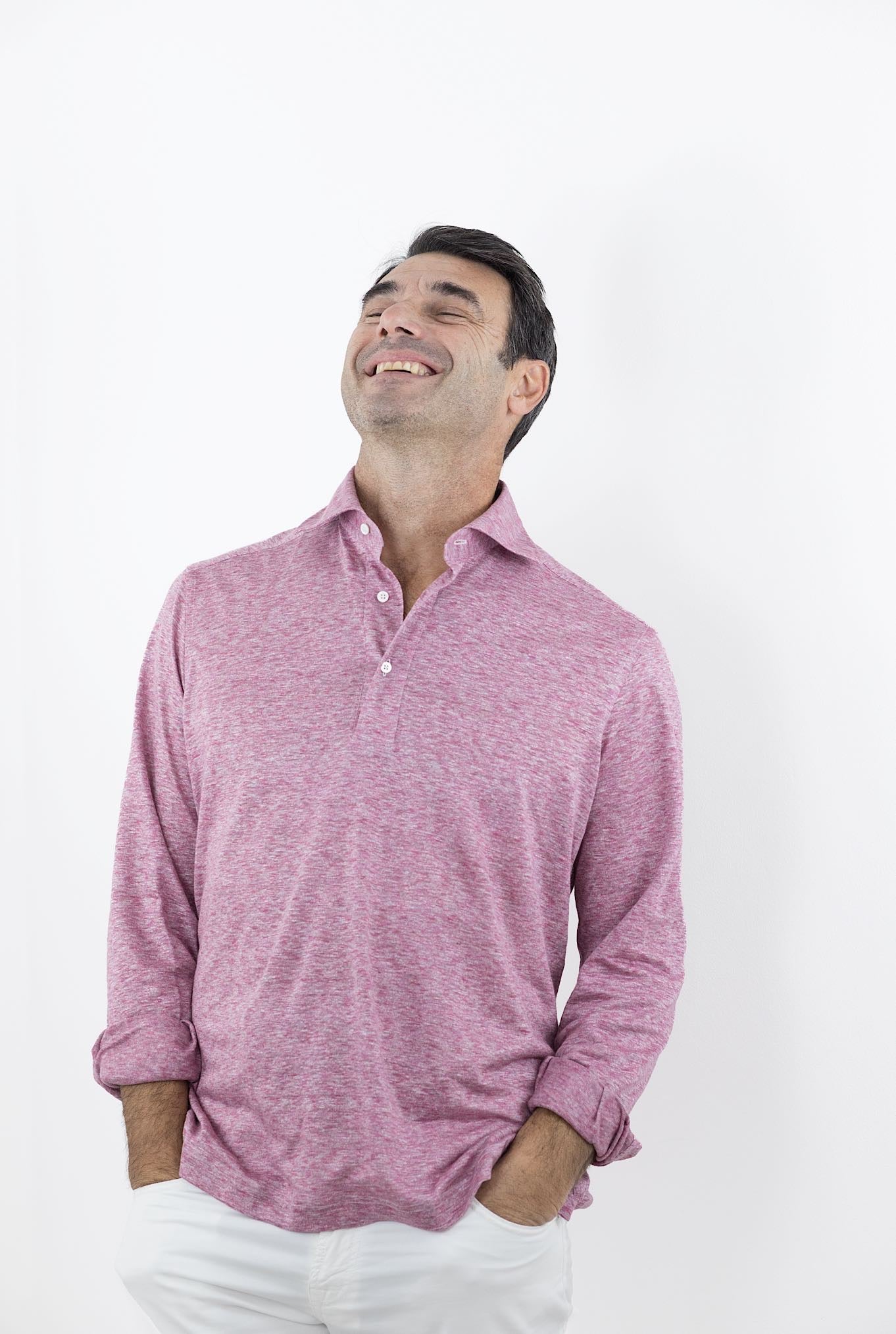 FRAY Polo in Lino Maniche Lunghe Corallo - Guarino Store