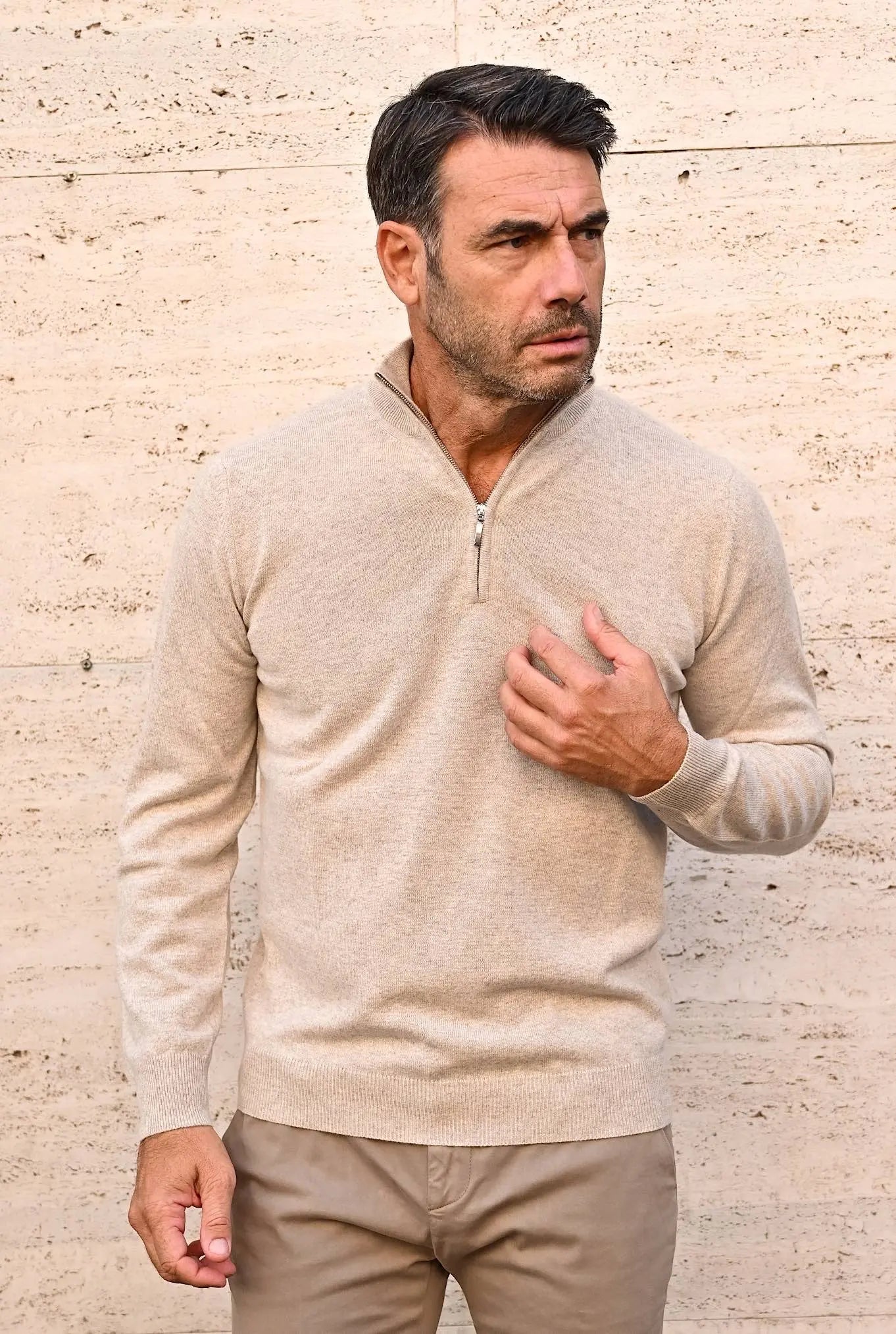 Pullover Cashmere Mezza Zip Beige - Guarino Store