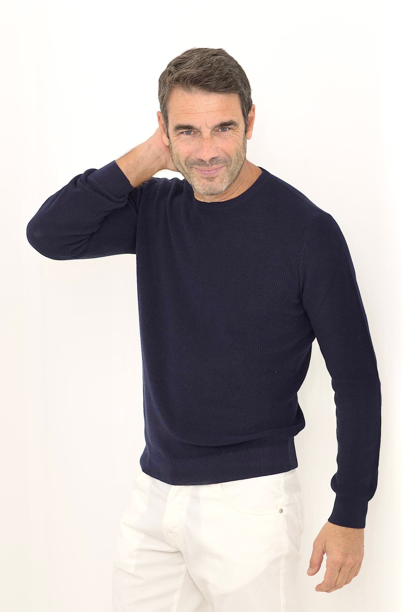 ROBERTO COLLINA Girocollo ML Cotone Crepe a Costine Blu Navy - Guarino Store