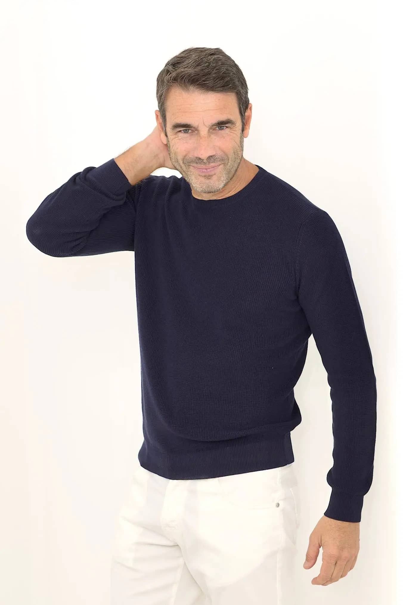 Girocollo ML Cotone Crepe a Costine Blu Navy - Guarino Store