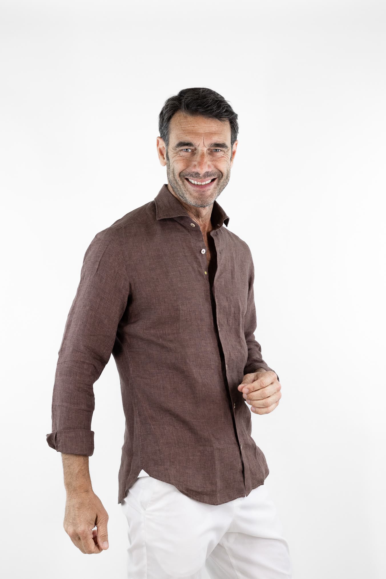 GIANNETTO PORTOFINO Camicia Lino Marrone SLIM FIT