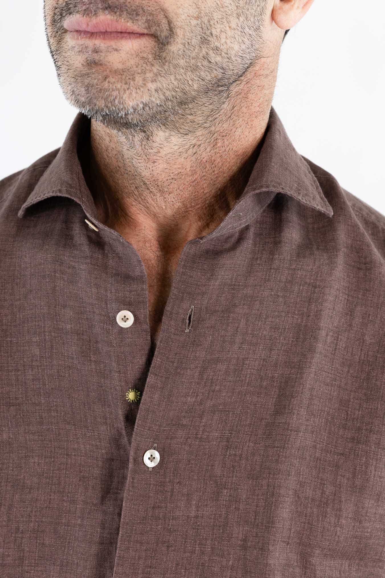 GIANNETTO PORTOFINO Camicia Lino Marrone COMFORT FIT