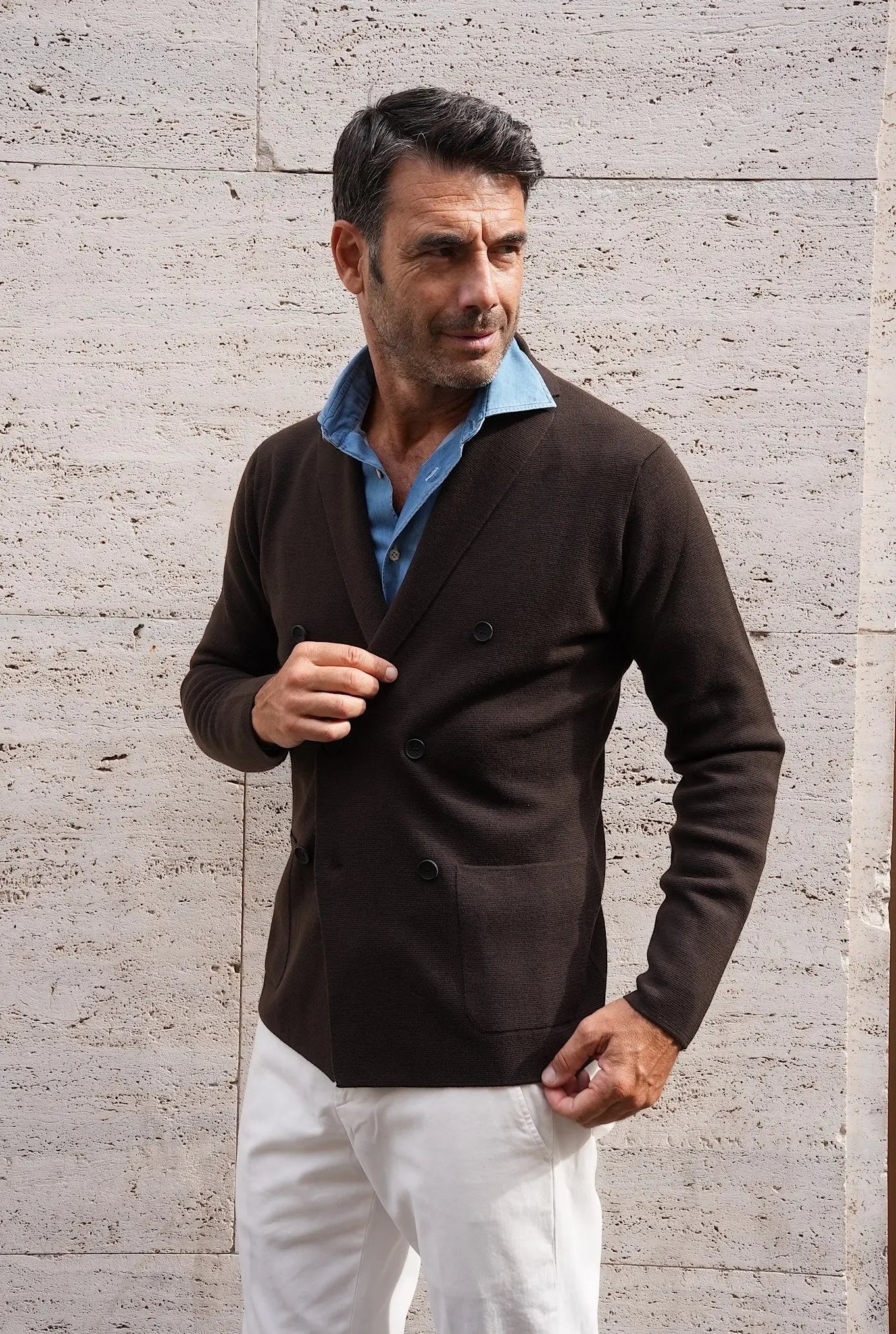 HINDUSTRIE Giacca Doppiopetto in Maglia Jersey Lana Testa di Moro - Guarino Store
