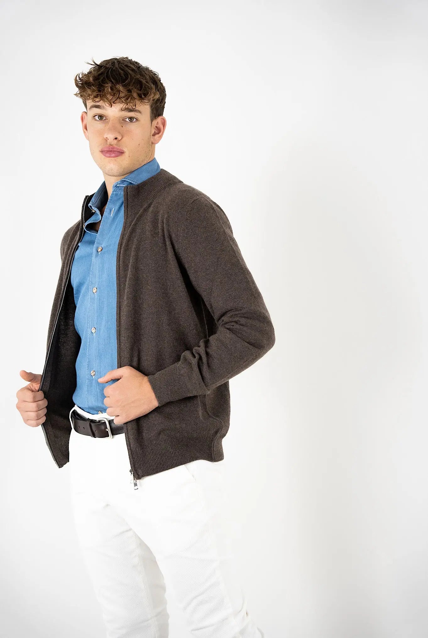 Pullover Full Zip Cashmere Marrone - Guarino Store
