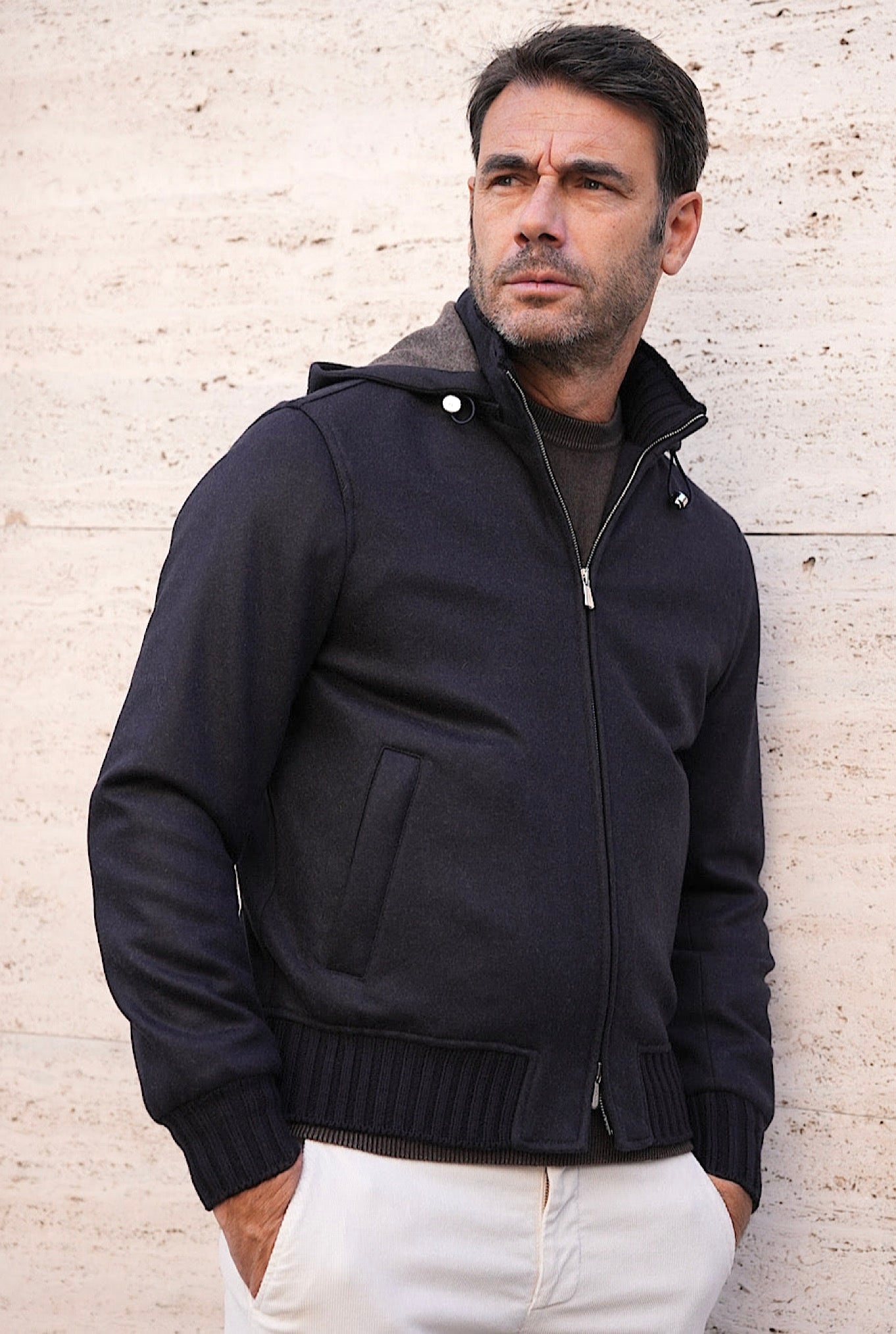 Giubbino in Cashmere con Cappuccio Staccabile Blu - Guarino Store
