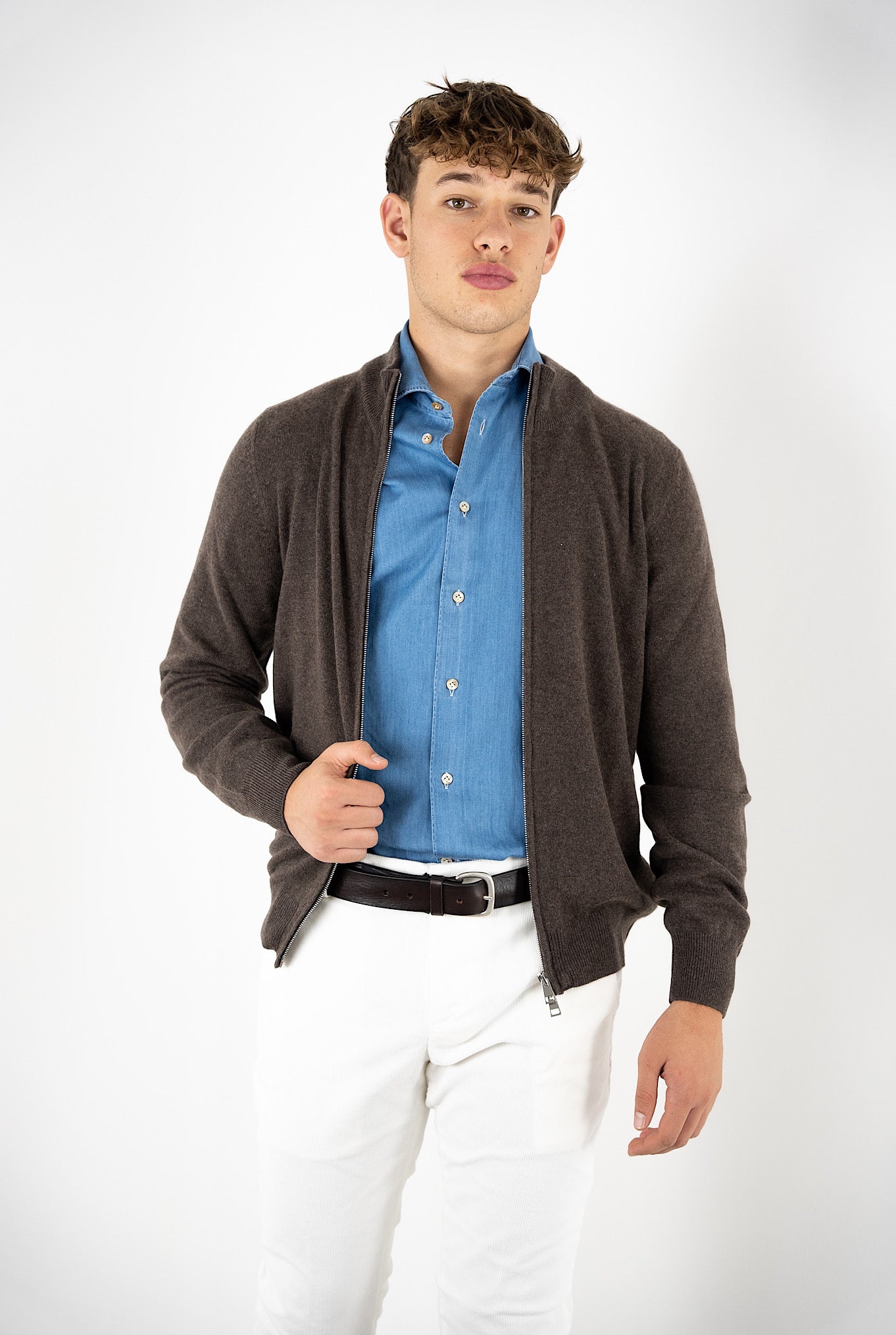 Pullover Full Zip Cashmere Marrone - Guarino Store