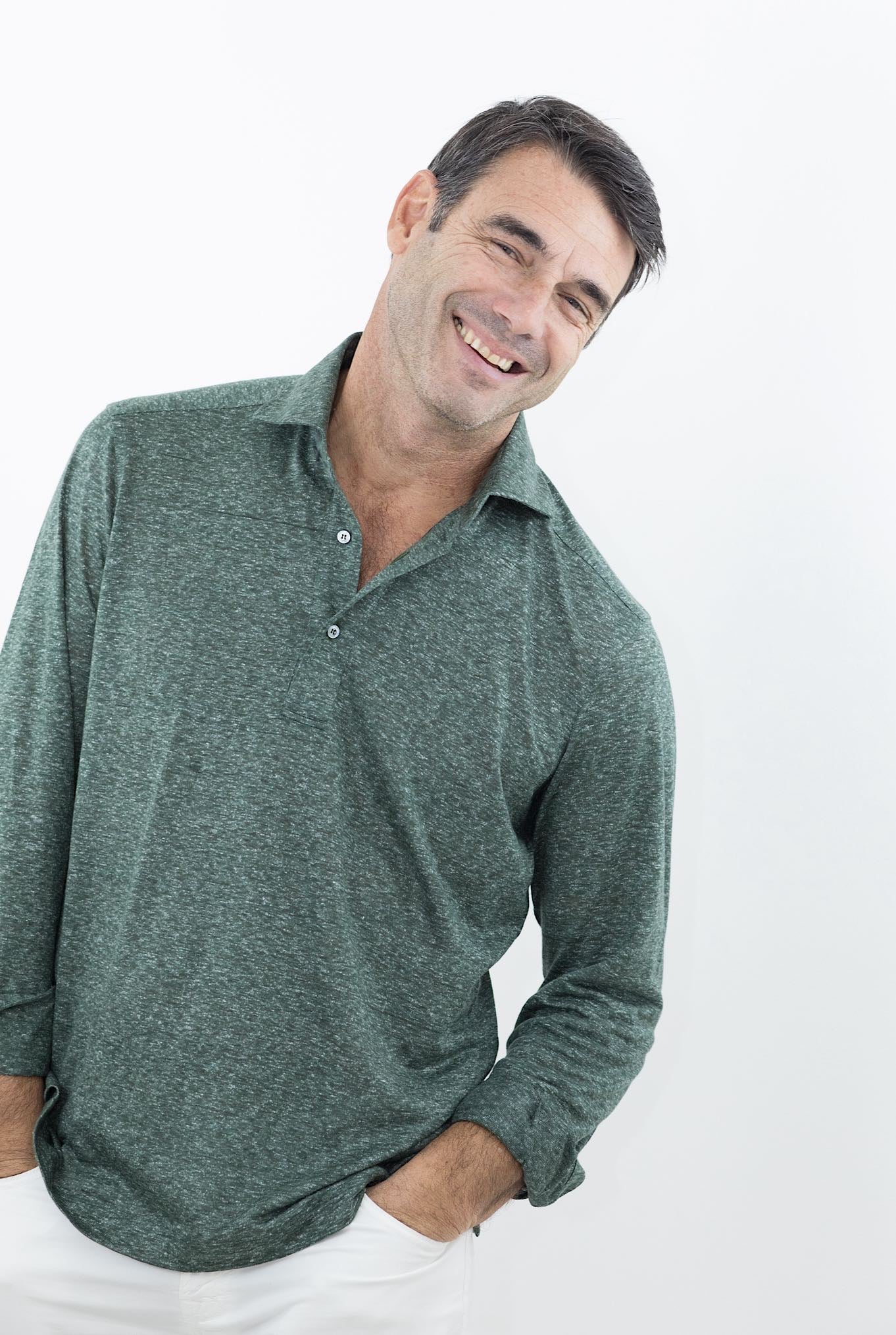 FRAY Polo in Lino Maniche Lunghe Verde - Guarino Store