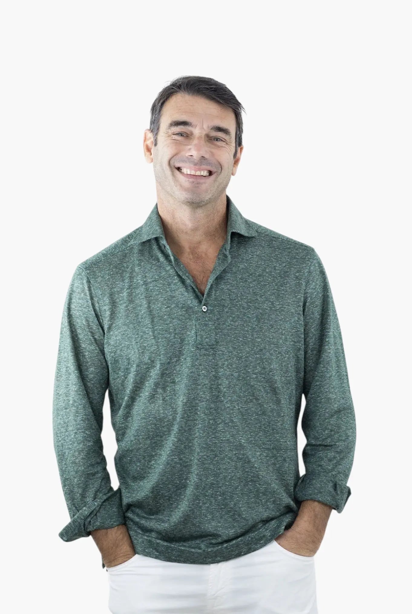 FRAY Polo in Lino Maniche Lunghe Verde FRAY