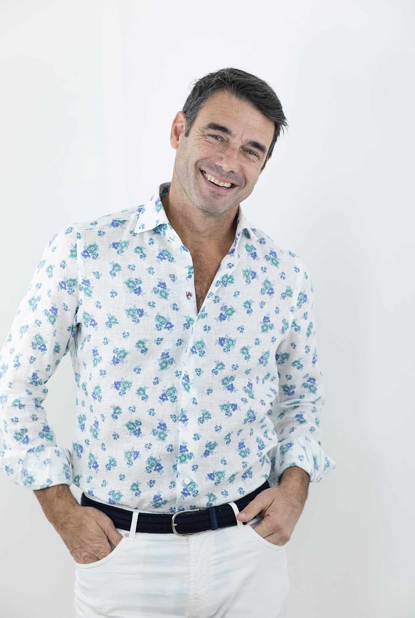 ISAIA Camicia Fantasia Lino Bianca/Blu/Azzurra - Guarino Store