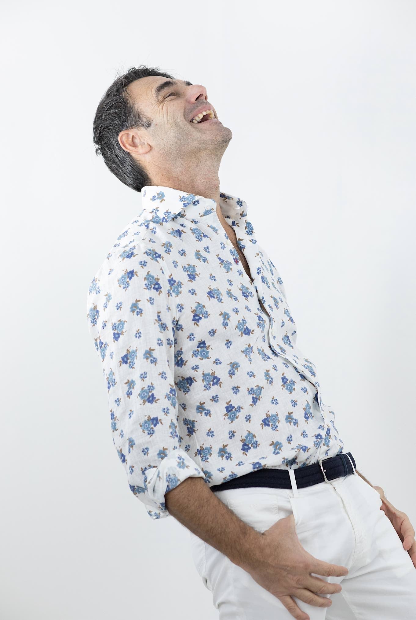 ISAIA Camicia Fantasia Lino Bianca/Blu/Marrone - Guarino Store