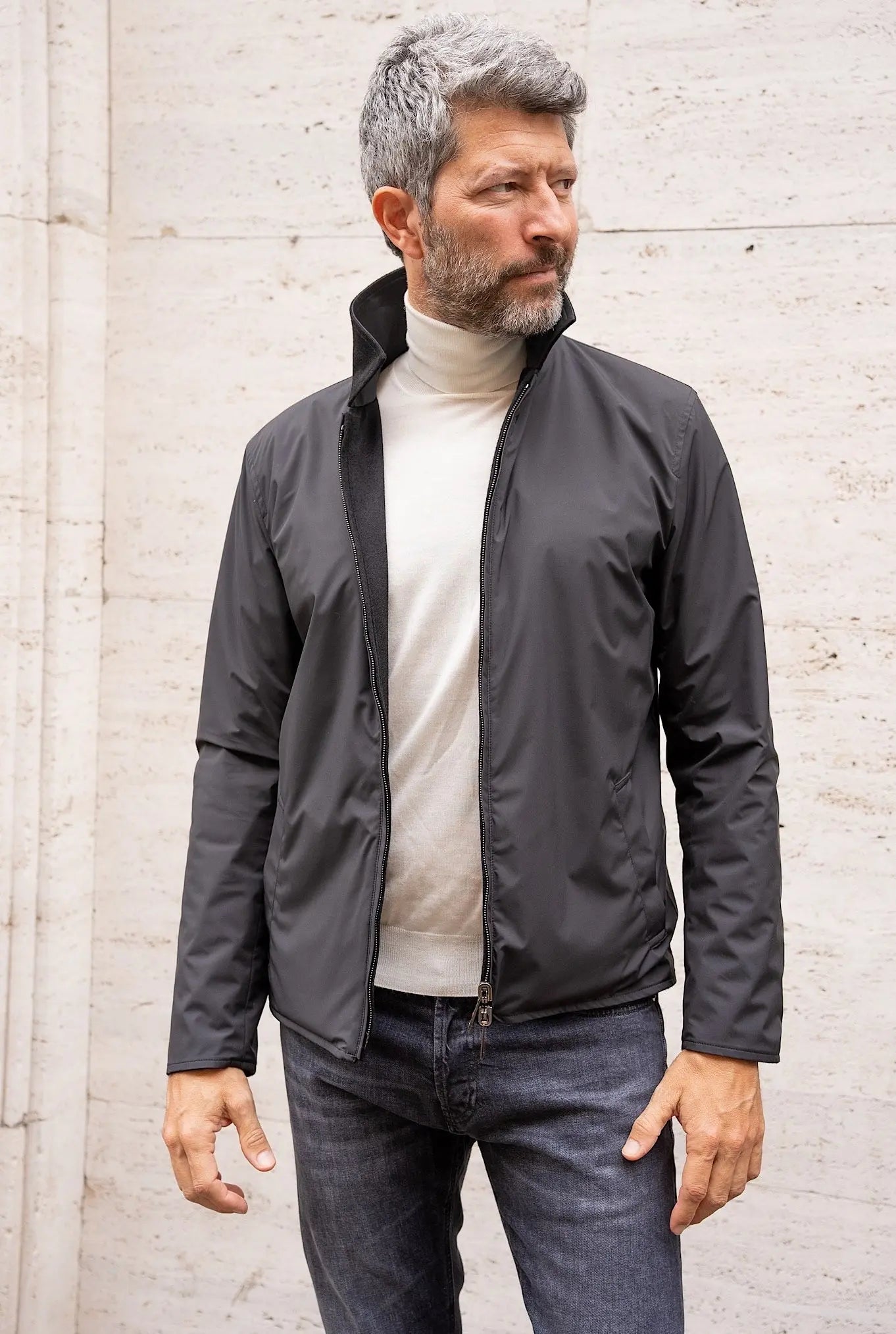 Giubbino Reversibile tessuto Loro Piana Nylon e Cashmere Nero - Guarino Store