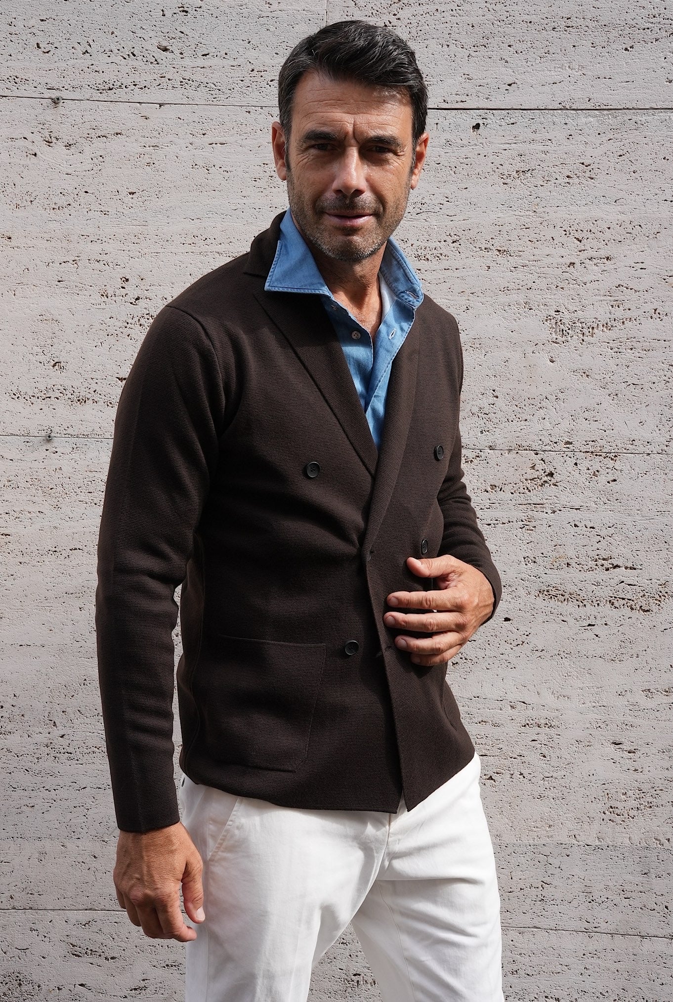 HINDUSTRIE Giacca Doppiopetto in Maglia Jersey Lana Testa di Moro - Guarino Store