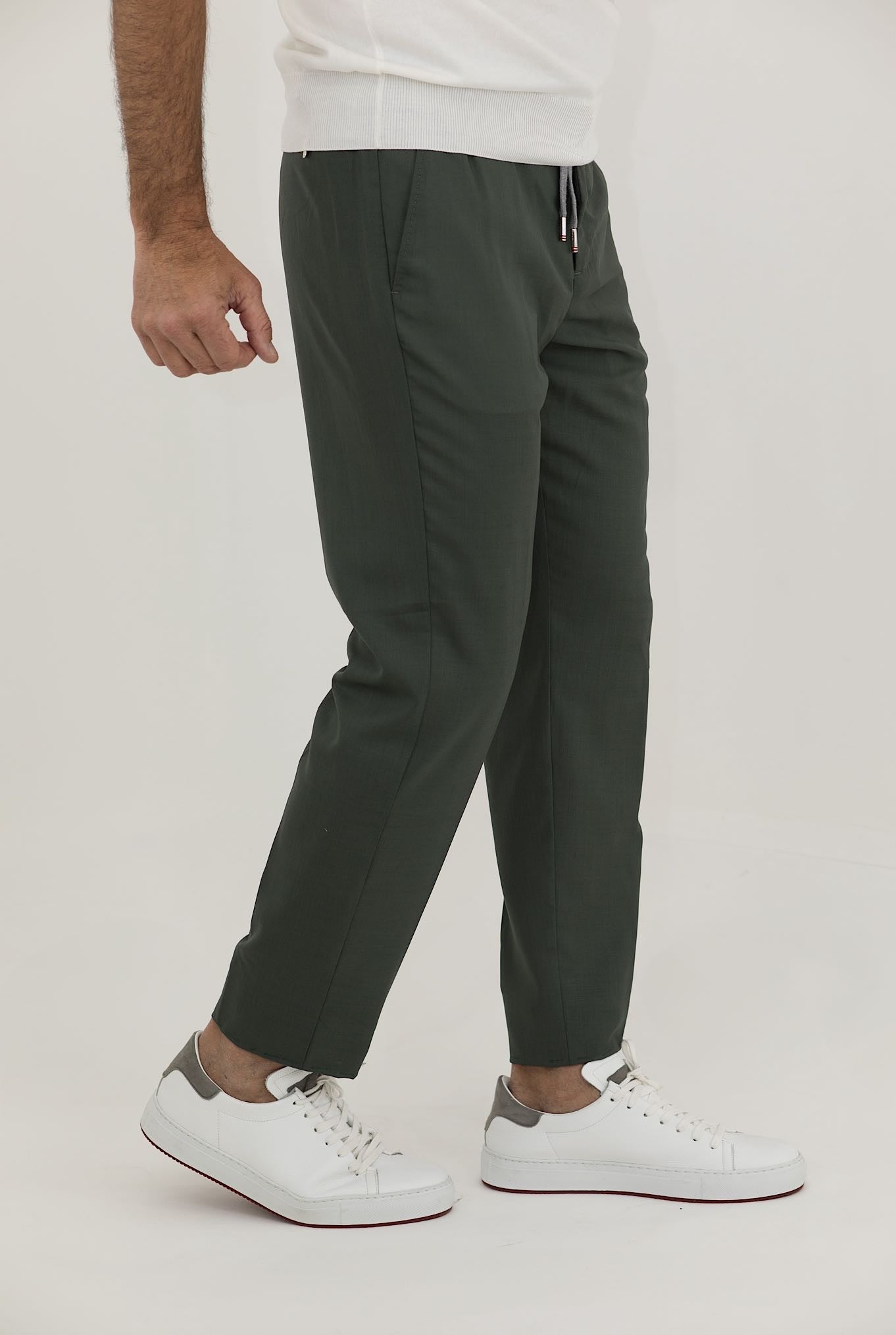 Pantaloni con Coulisse Lana e Seta Verde Oliva - Guarino Store