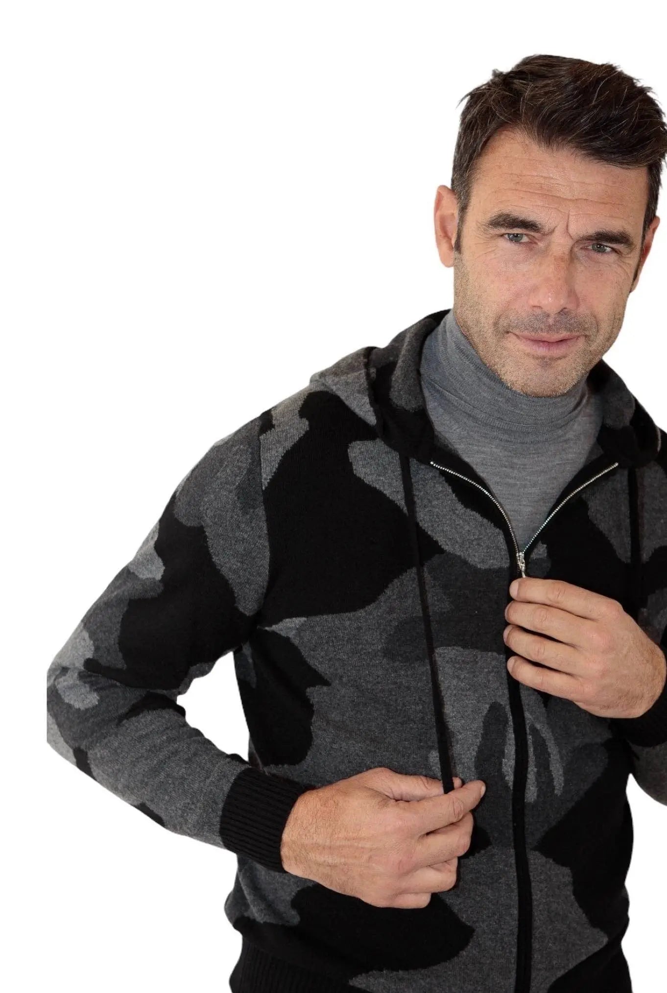 Felpa con Cappuccio Cashmere Intarsi a Mano Camouflage Grigio - Guarino Store