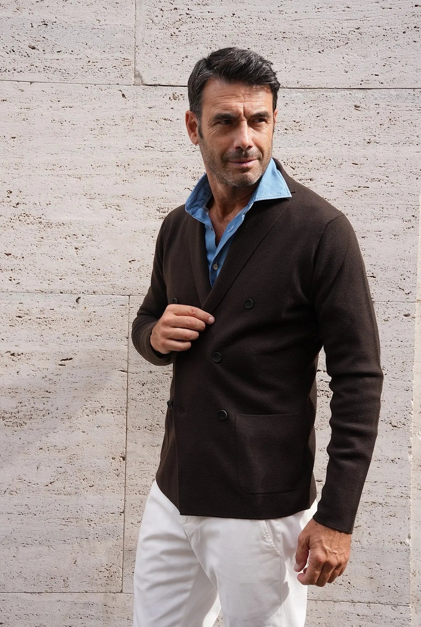 HINDUSTRIE Giacca Doppiopetto in Maglia Jersey Lana Testa di Moro - Guarino Store