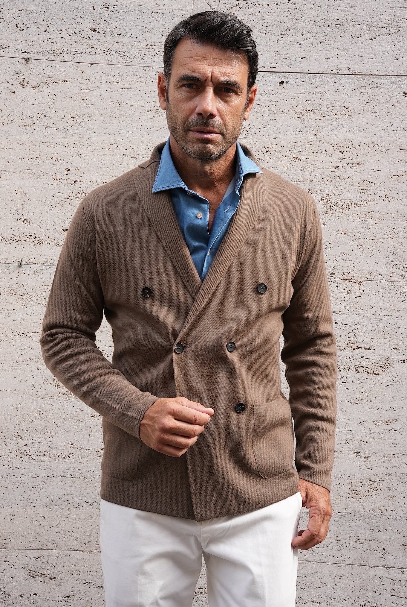 Giacca Doppiopetto in Maglia Jersey Lana Marrone - Guarino Store