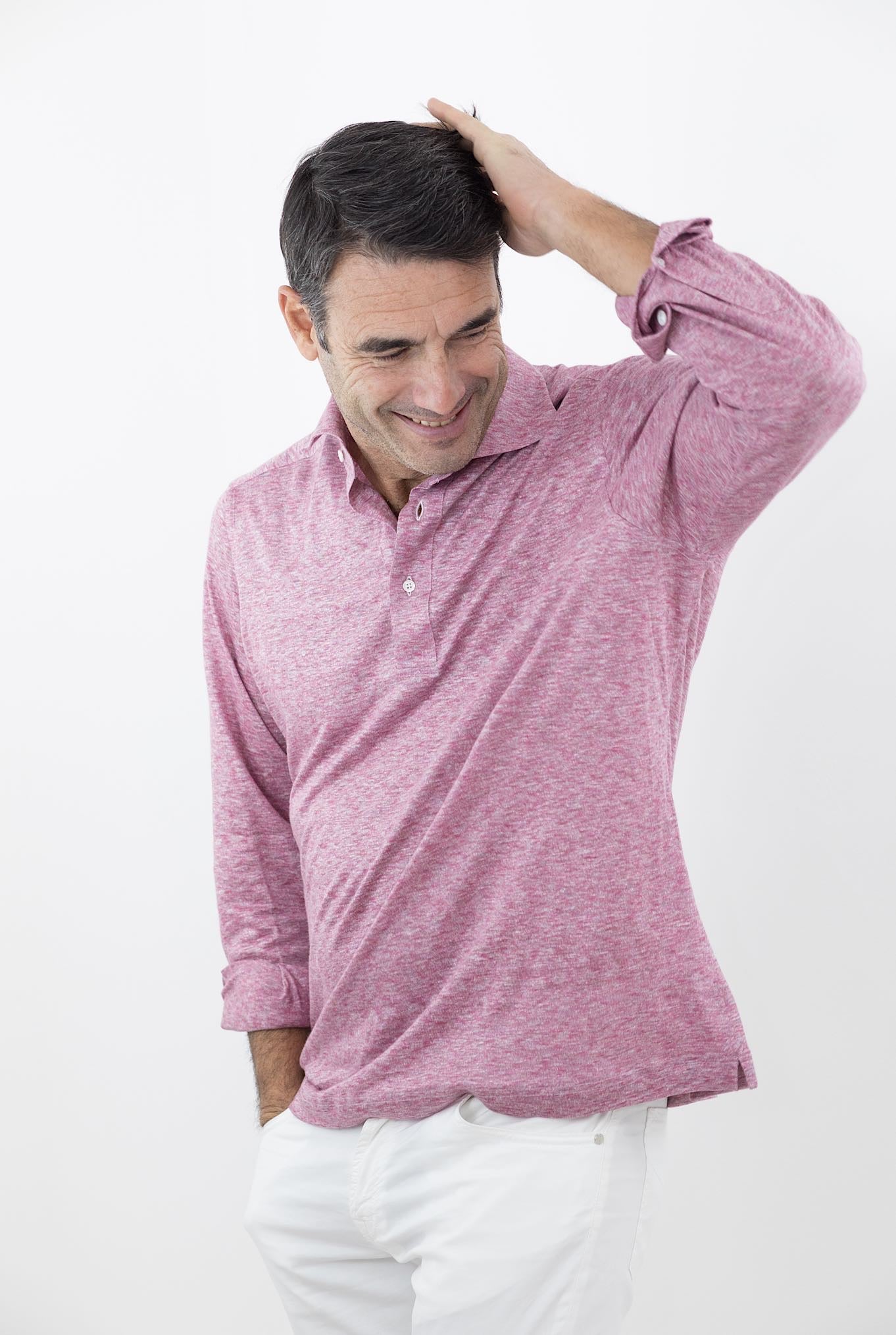 FRAY Polo in Lino Maniche Lunghe Corallo - Guarino Store