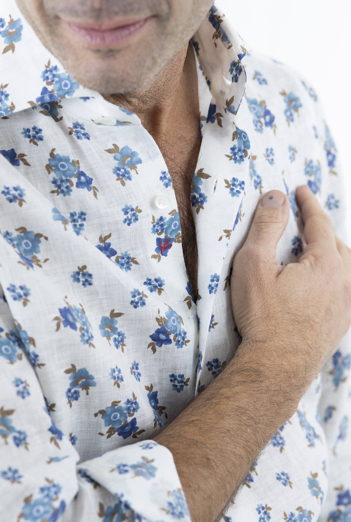 ISAIA Camicia Fantasia Lino Bianca/Blu/Marrone - Guarino Store