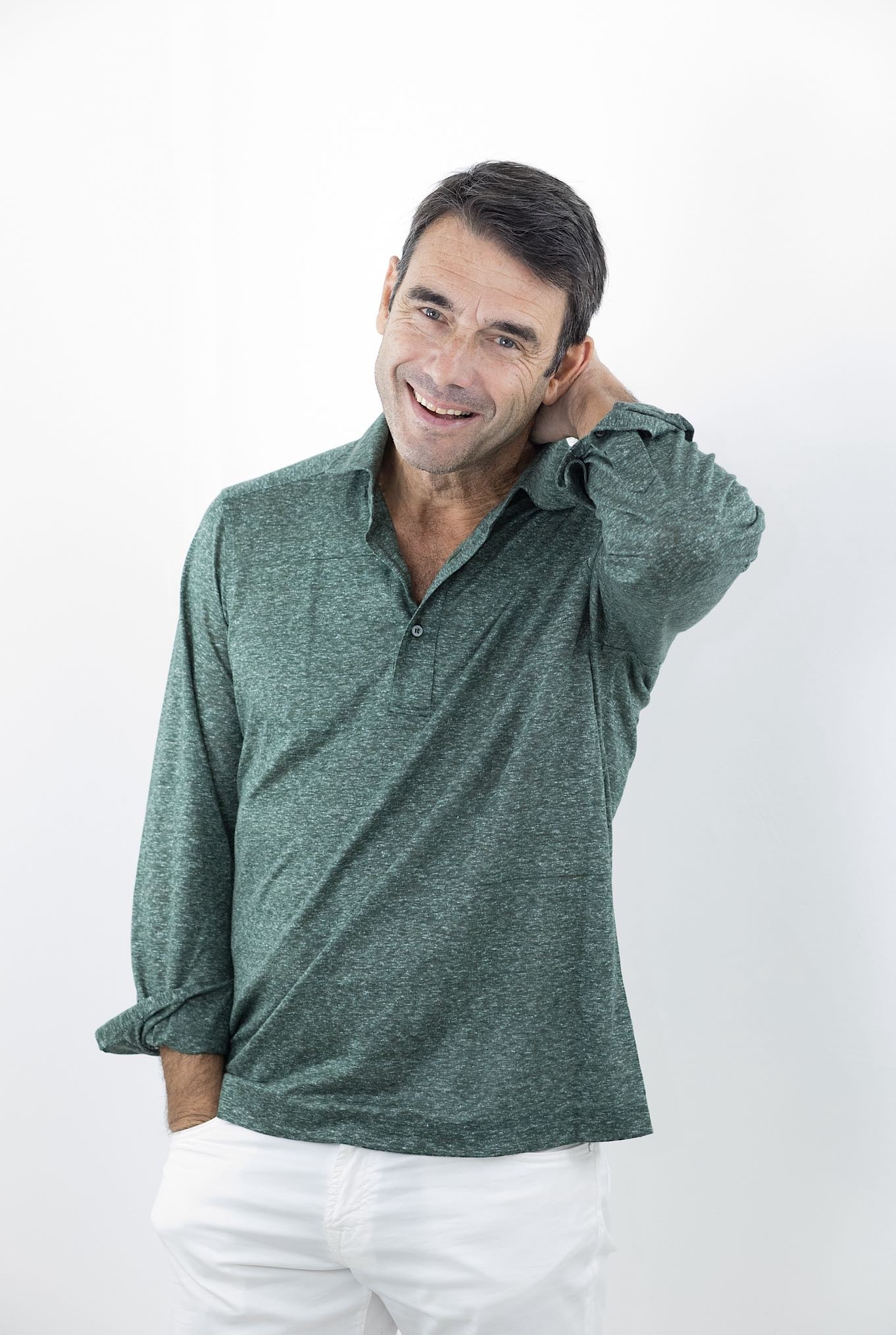 FRAY Polo in Lino Maniche Lunghe Verde - Guarino Store