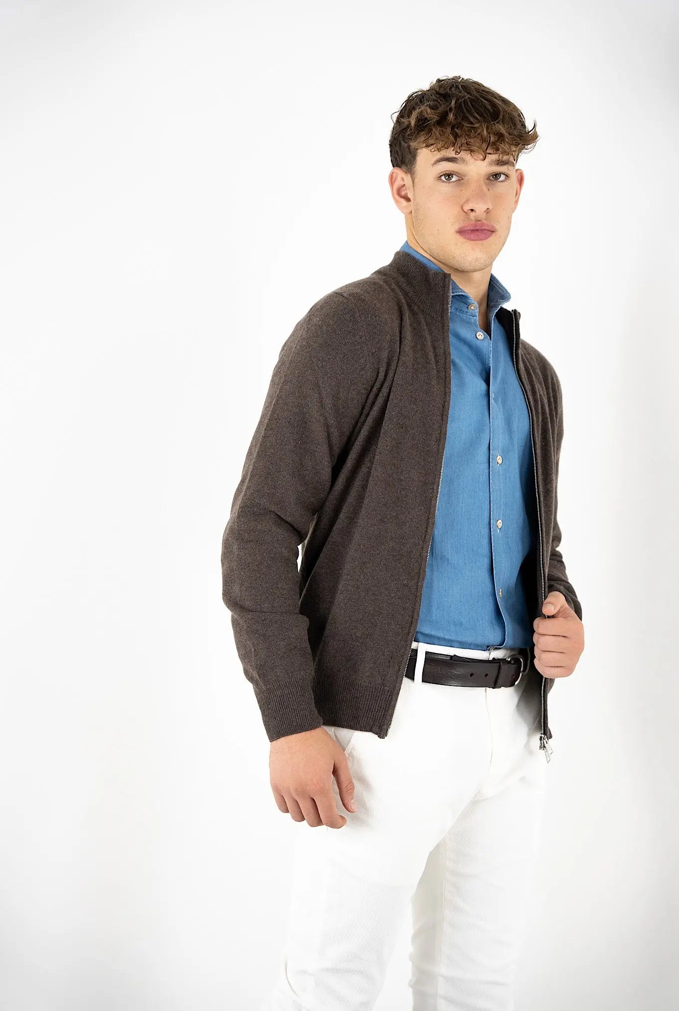 Pullover Full Zip Cashmere Marrone - Guarino Store
