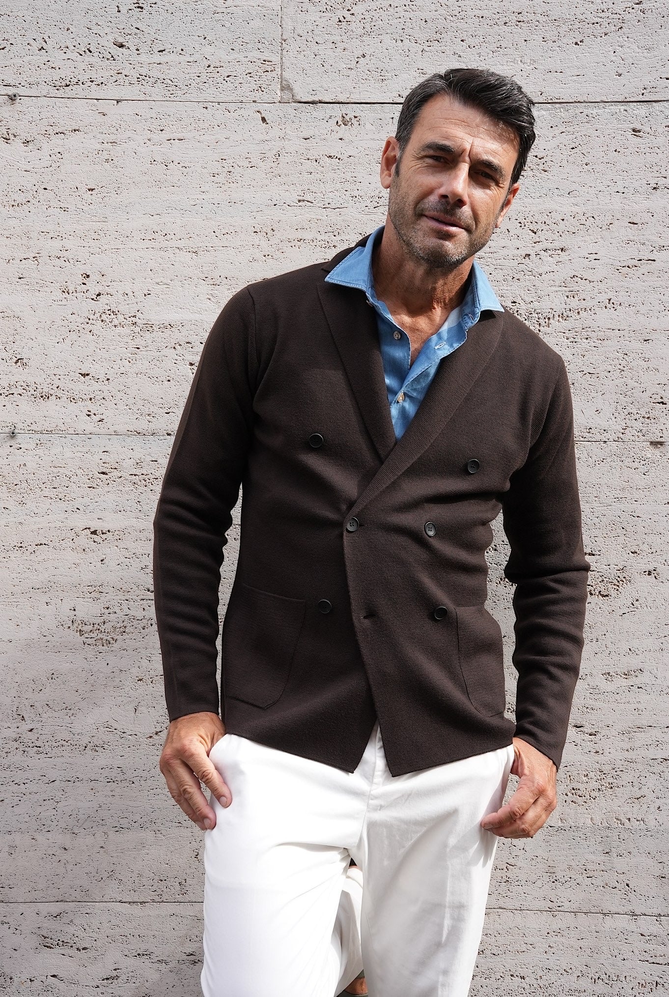 HINDUSTRIE Giacca Doppiopetto in Maglia Jersey Lana Testa di Moro - Guarino Store