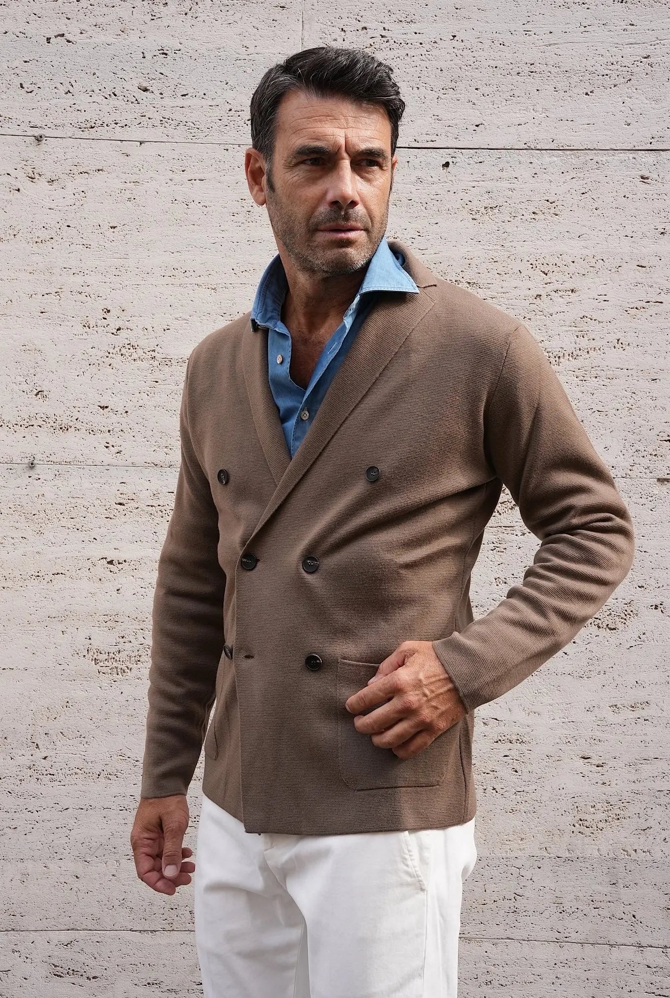 Giacca Doppiopetto in Maglia Jersey Lana Marrone - Guarino Store