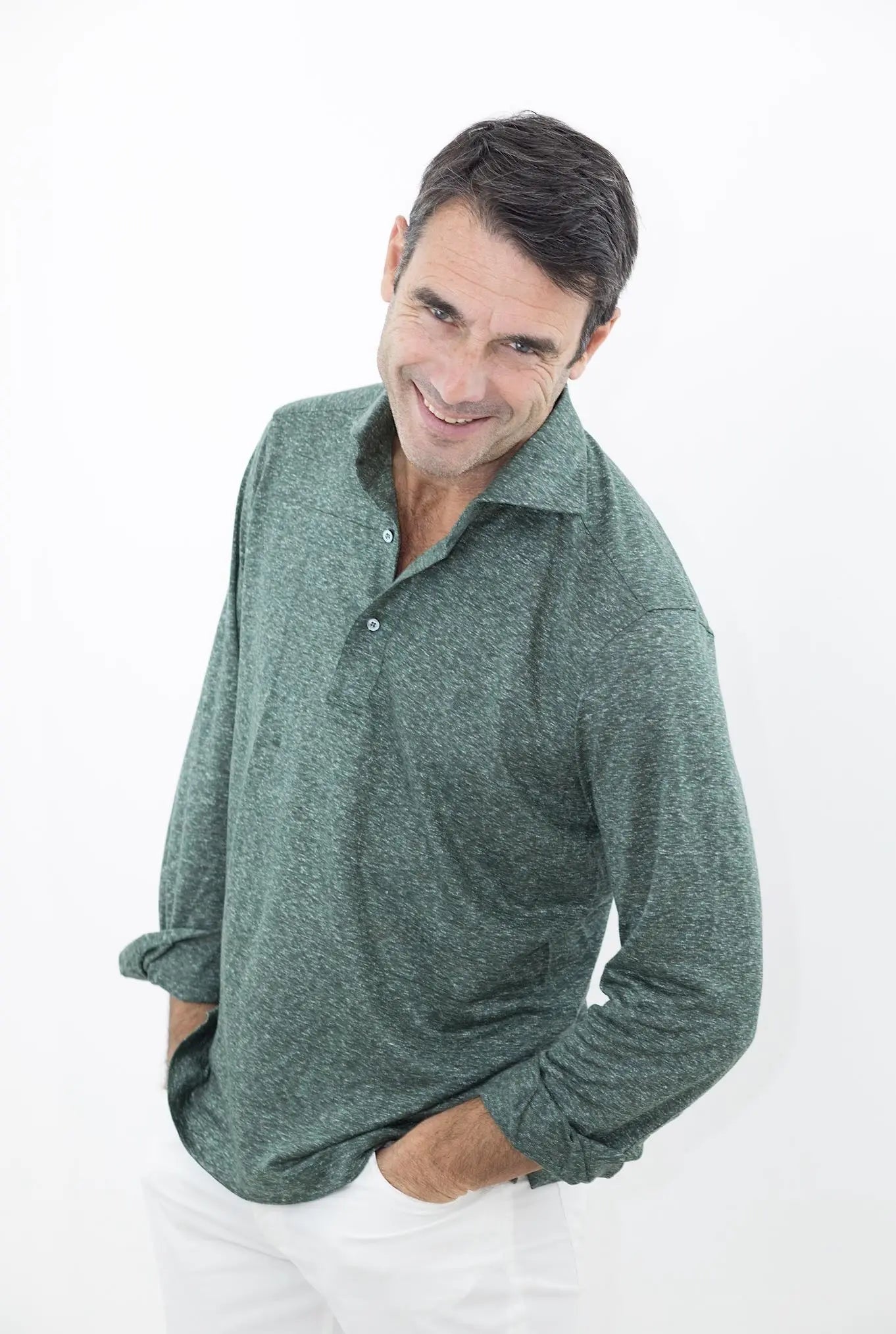 FRAY Polo in Lino Maniche Lunghe Verde - Guarino Store