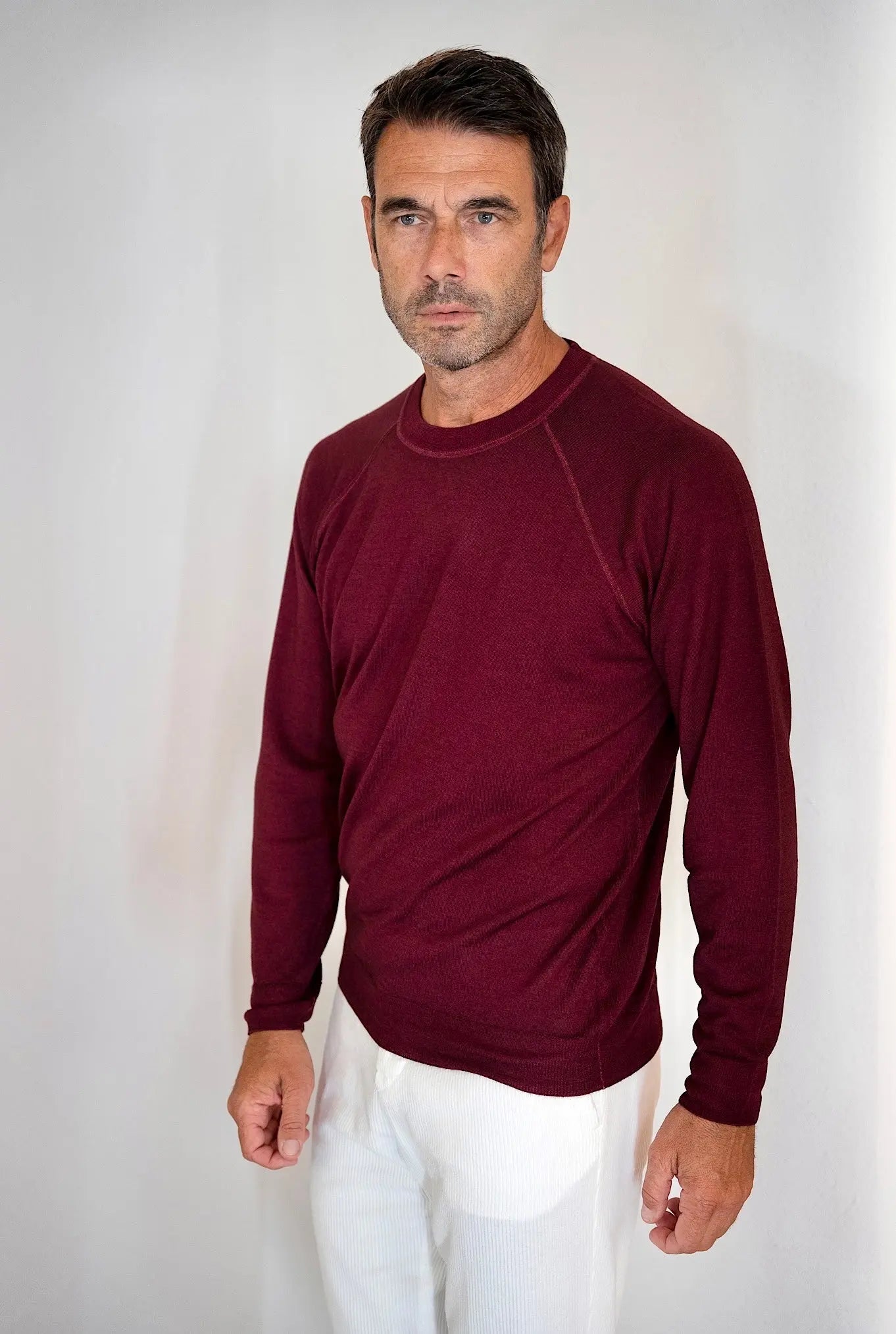 Girocollo Maniche Raglan Lana Merinos Bordeaux Washed - Guarino Store